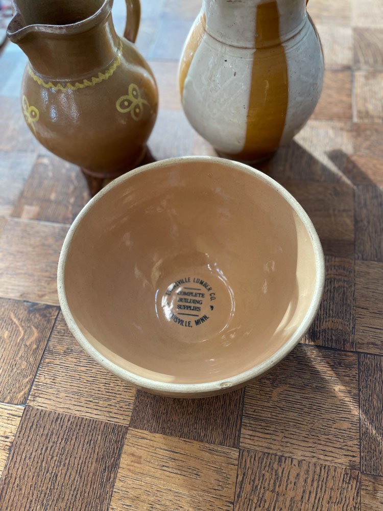 Art Deco Stoneware Mixing Bowl with Evansville Lumber Company Print - Aurora Mills