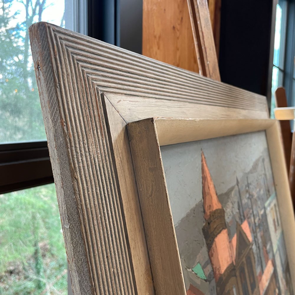 "Sidewalk Interlude" Framed Midcentury Painting on Panel by Eugene Ames Baker - Aurora Mills
