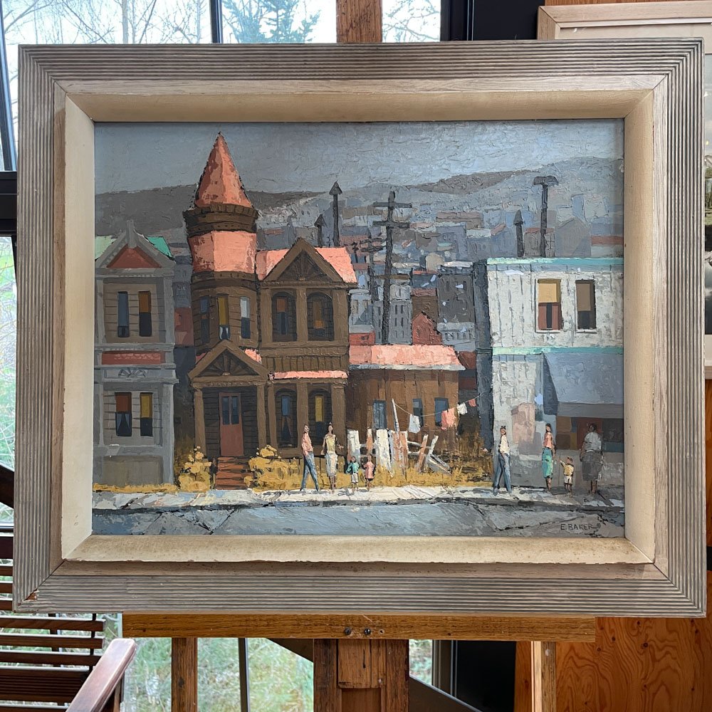 "Sidewalk Interlude" Framed Midcentury Painting on Panel by Eugene Ames Baker - Aurora Mills
