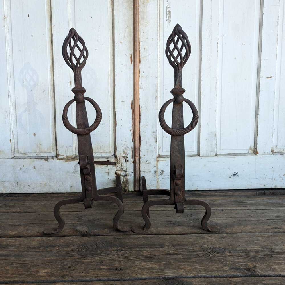 Hand Forged Andirons with Laced Spire