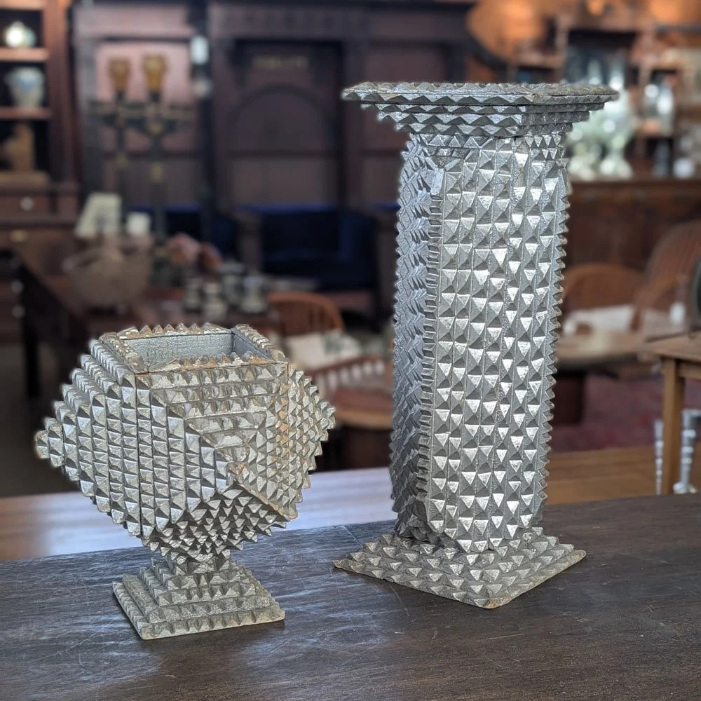 Silver Painted Tramp Art Pedestal and Box