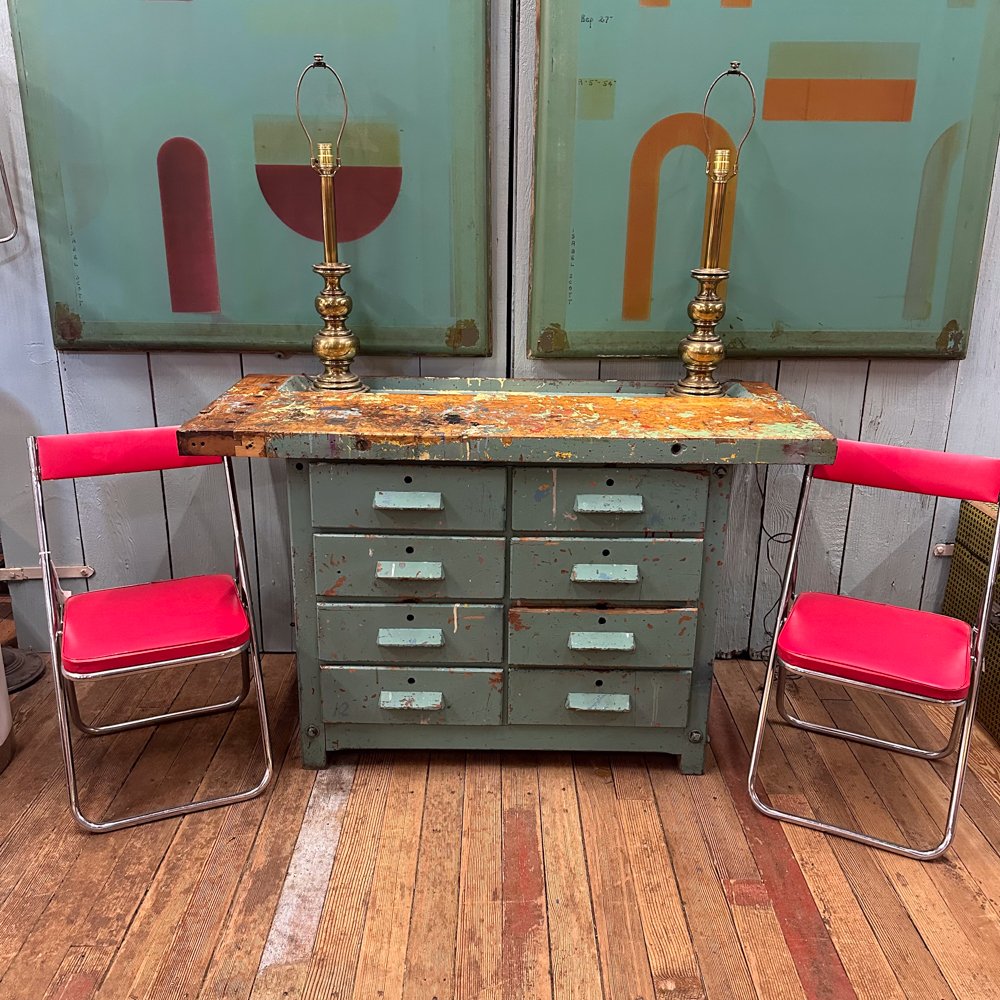 Teal Paint-Splattered Workbench