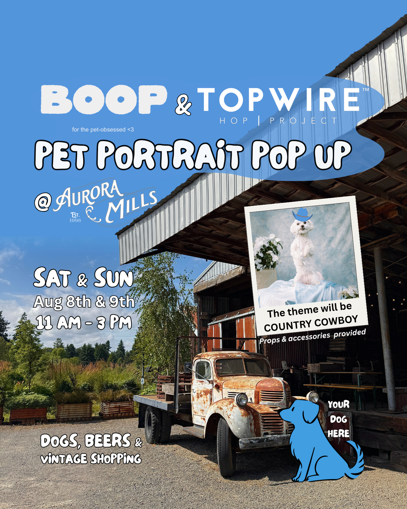 A pop up pet portrait even with top wire hop project serving beers all day at Aurora mills in Aurora Oregon