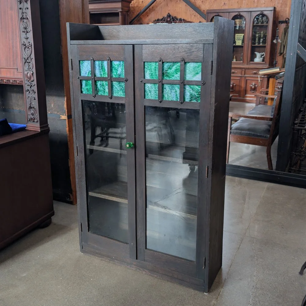 Arts & Crafts Green Slag Glass Bookcase