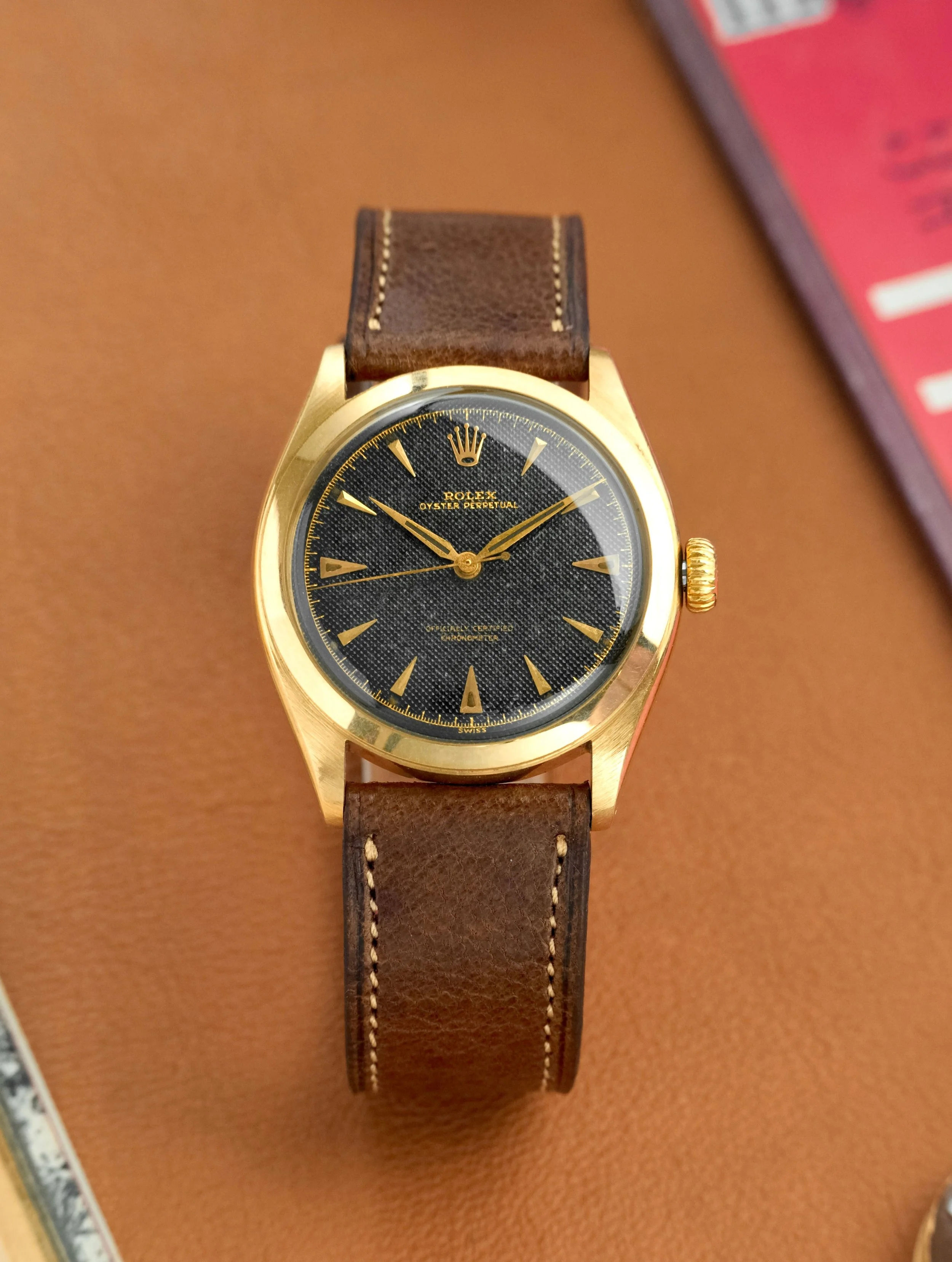1950's Rolex Oyster Perpetual ref. 6084 14K YG w/ Black Gilt Waffle Dial