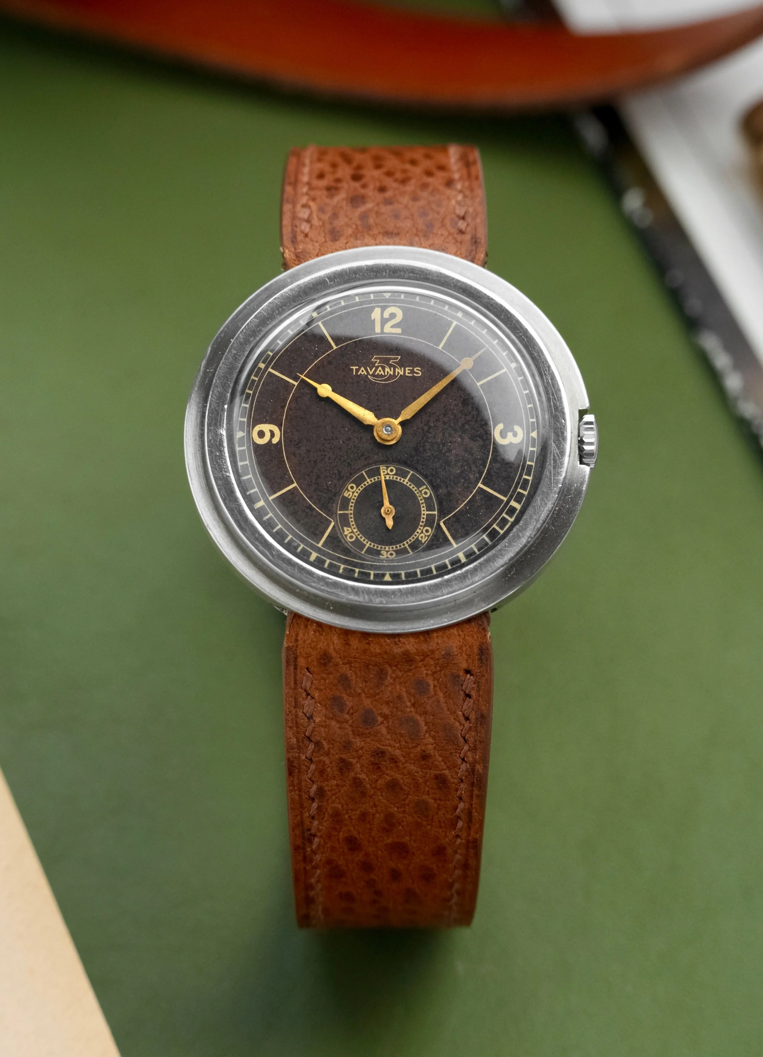 1930's Tavannes Disco Volante w/ Tropical Matte Gilt Sector Dial