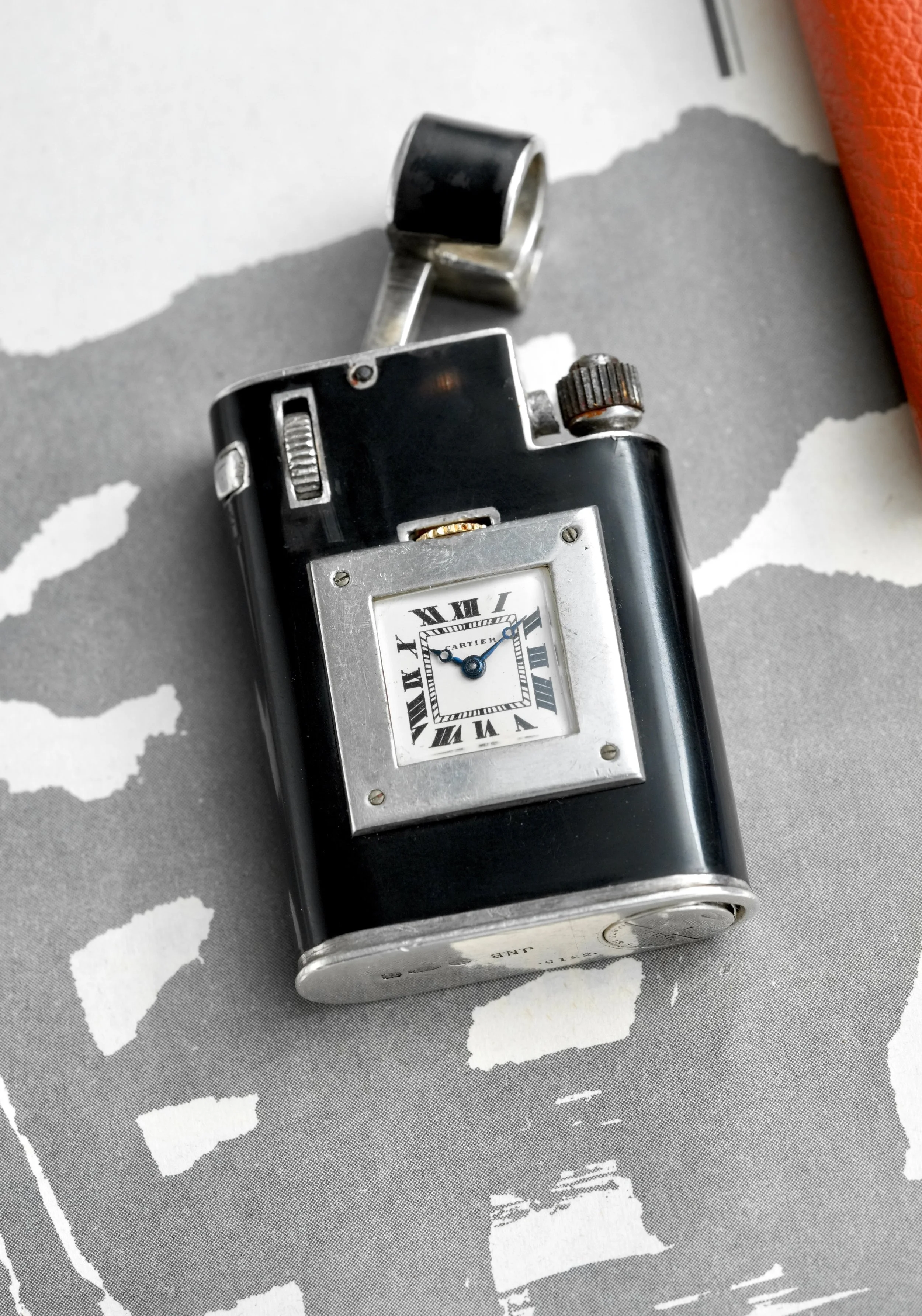 1920's Cartier Clock Lighter in Silver & Black Lacquer