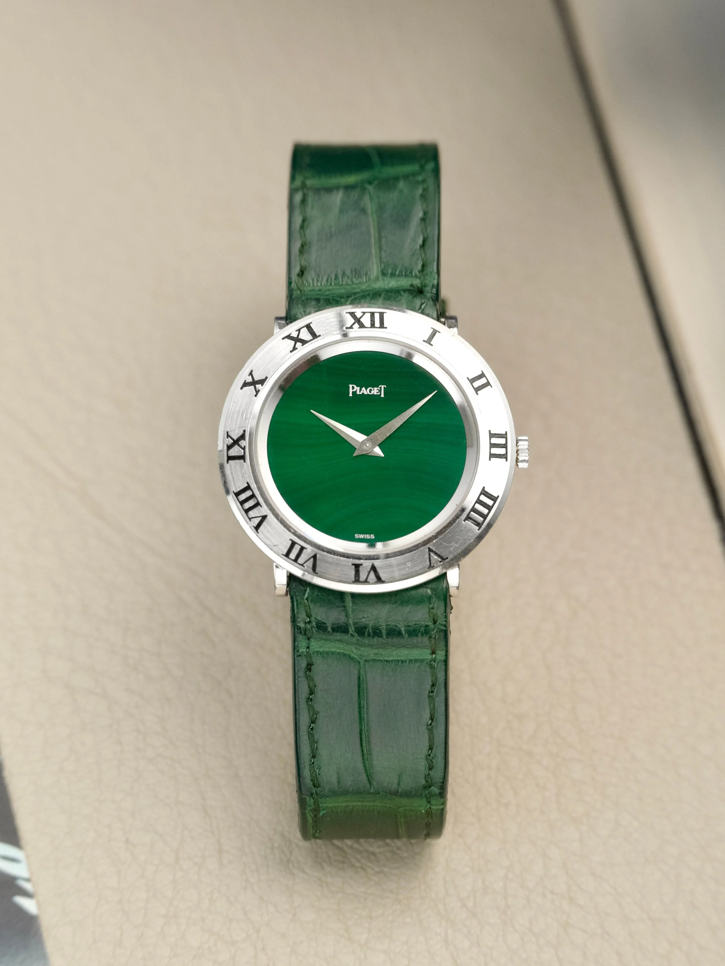 1970's Piaget Dress Watch w/ Malachite Stone Dial 18K WG