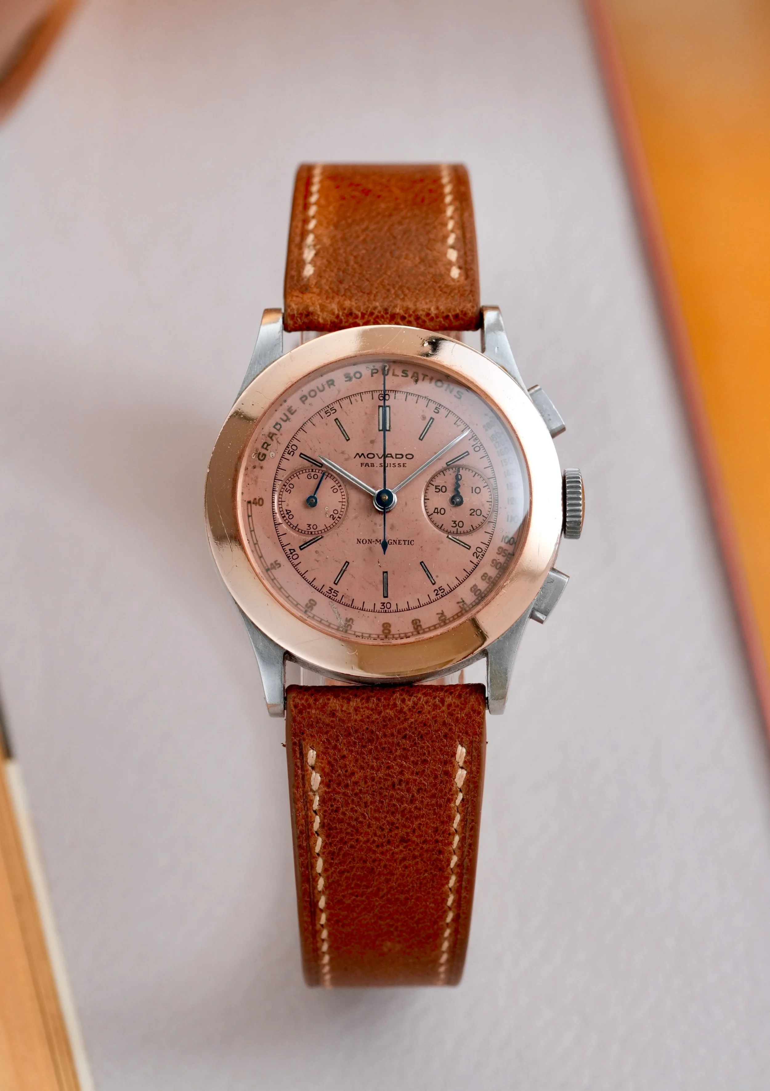 1940's Movado M90 Chronograph ref. 19000 Steel & Rose Gold w/ Pulsations Dial