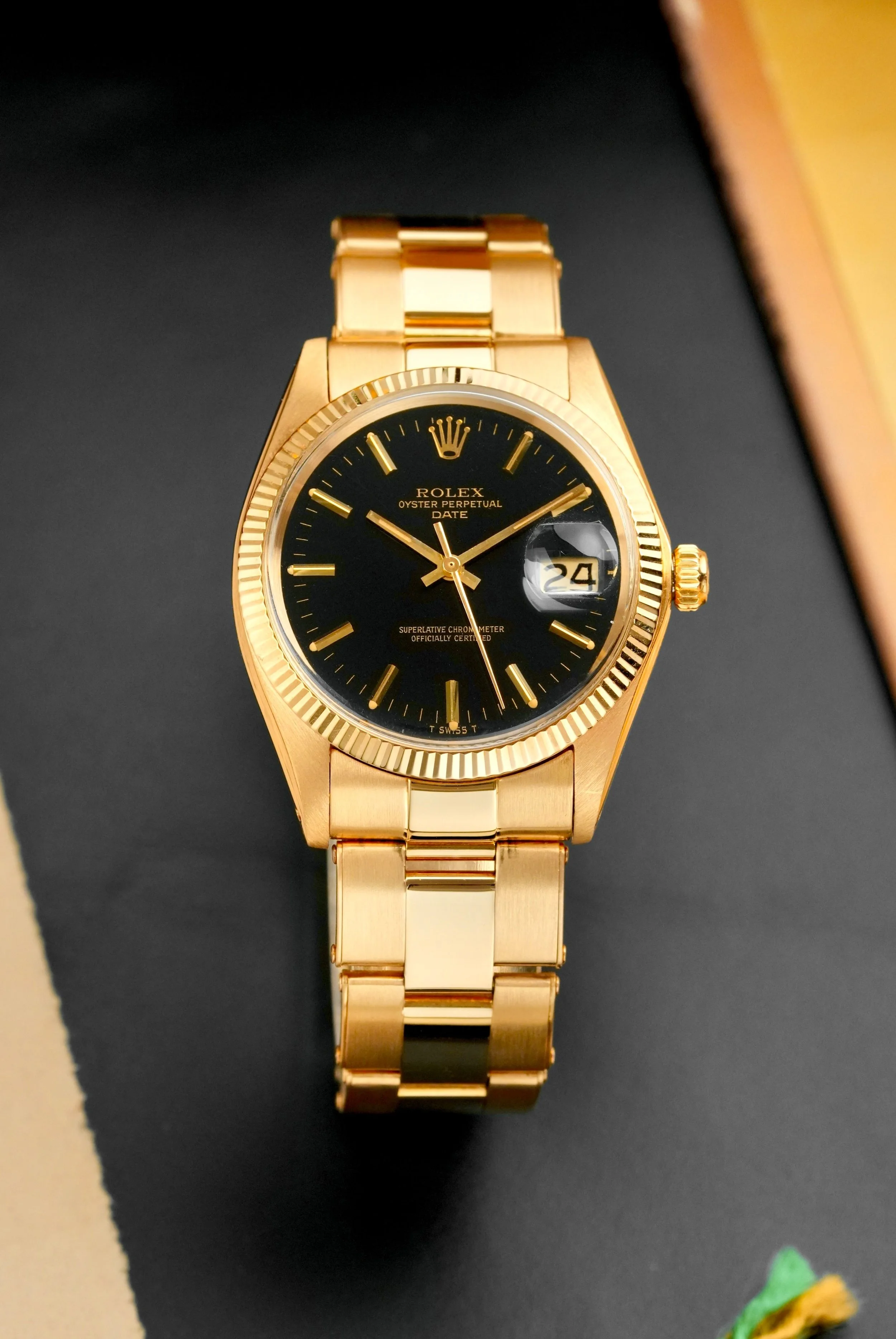 1970's Rolex Oyster Perpetual Date Black Dial 18K YG w/ Papers