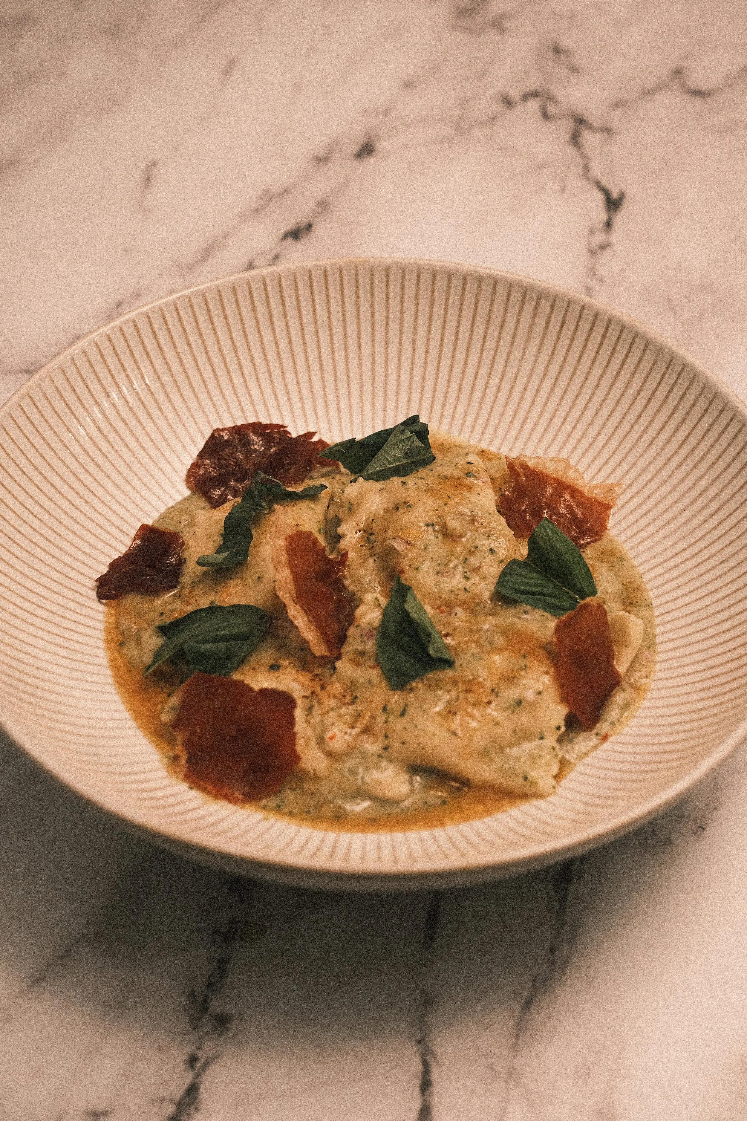 Crab Ravioli w/Zucch-White Bean Sauce