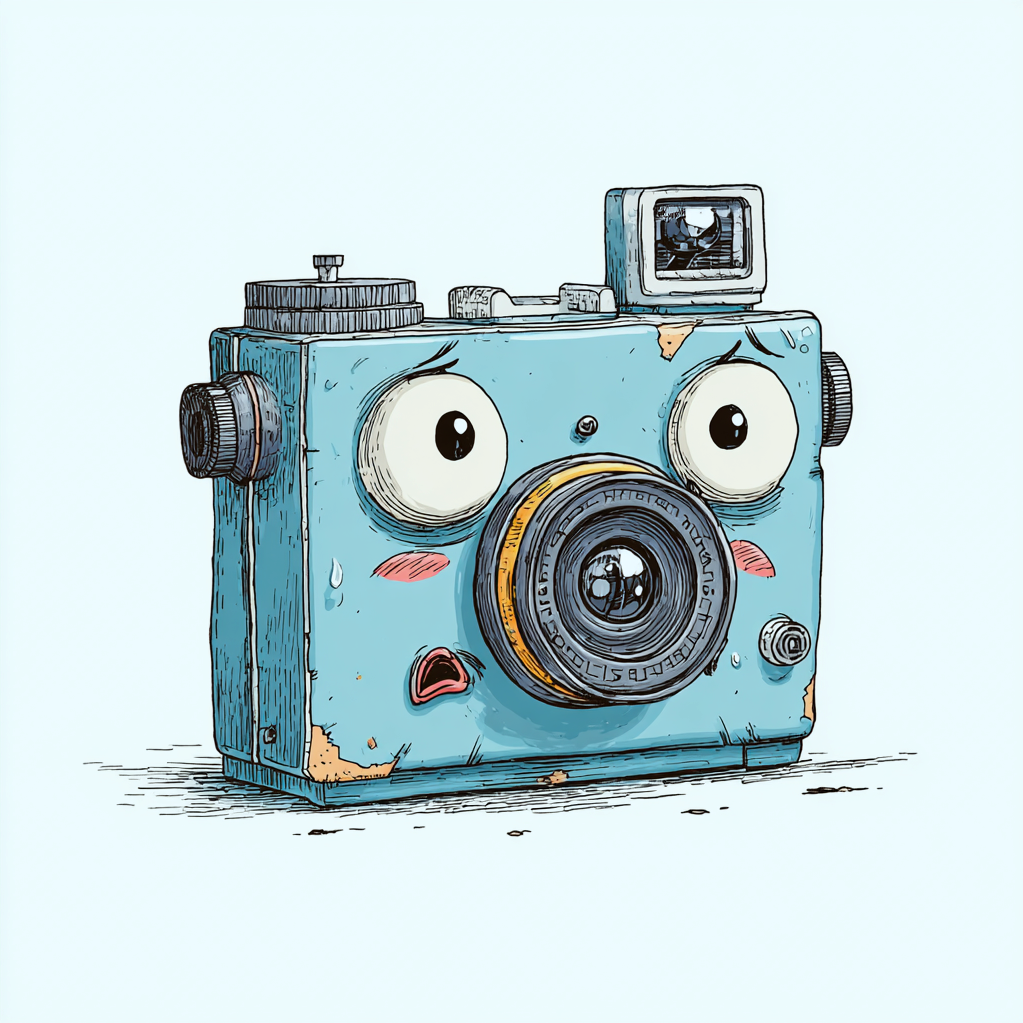 an illustration of a personified camera looking embarrassed and confused.