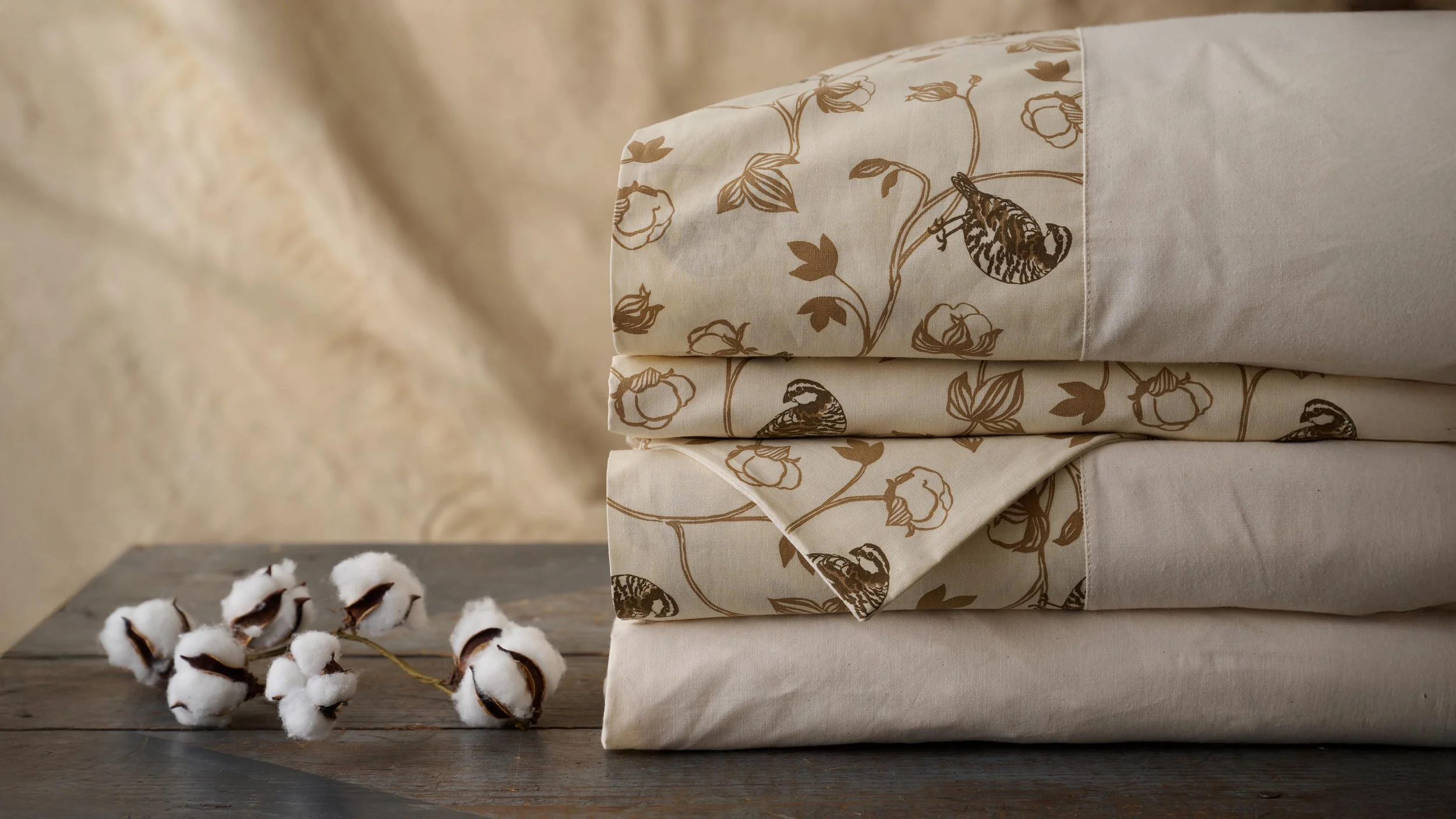 Neutral colored sheets folded nicely next to a sprig of cotton.