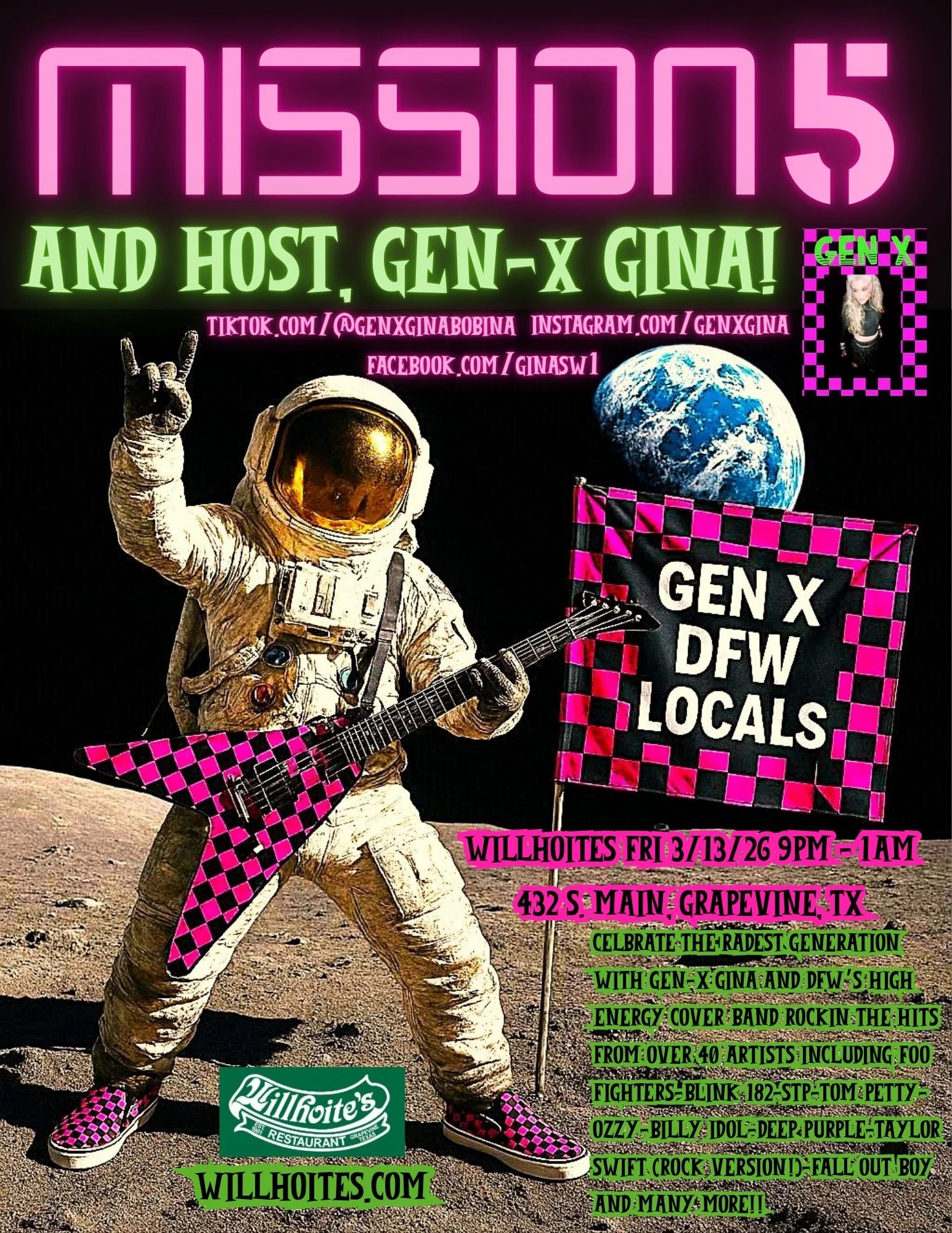 MISSION 5 BLASTS THE RADICAL RIFFS WITH HOST GEN X GINA - FRI 3/13/26 - WILLHOITES - GRAPEVINE, TX!!