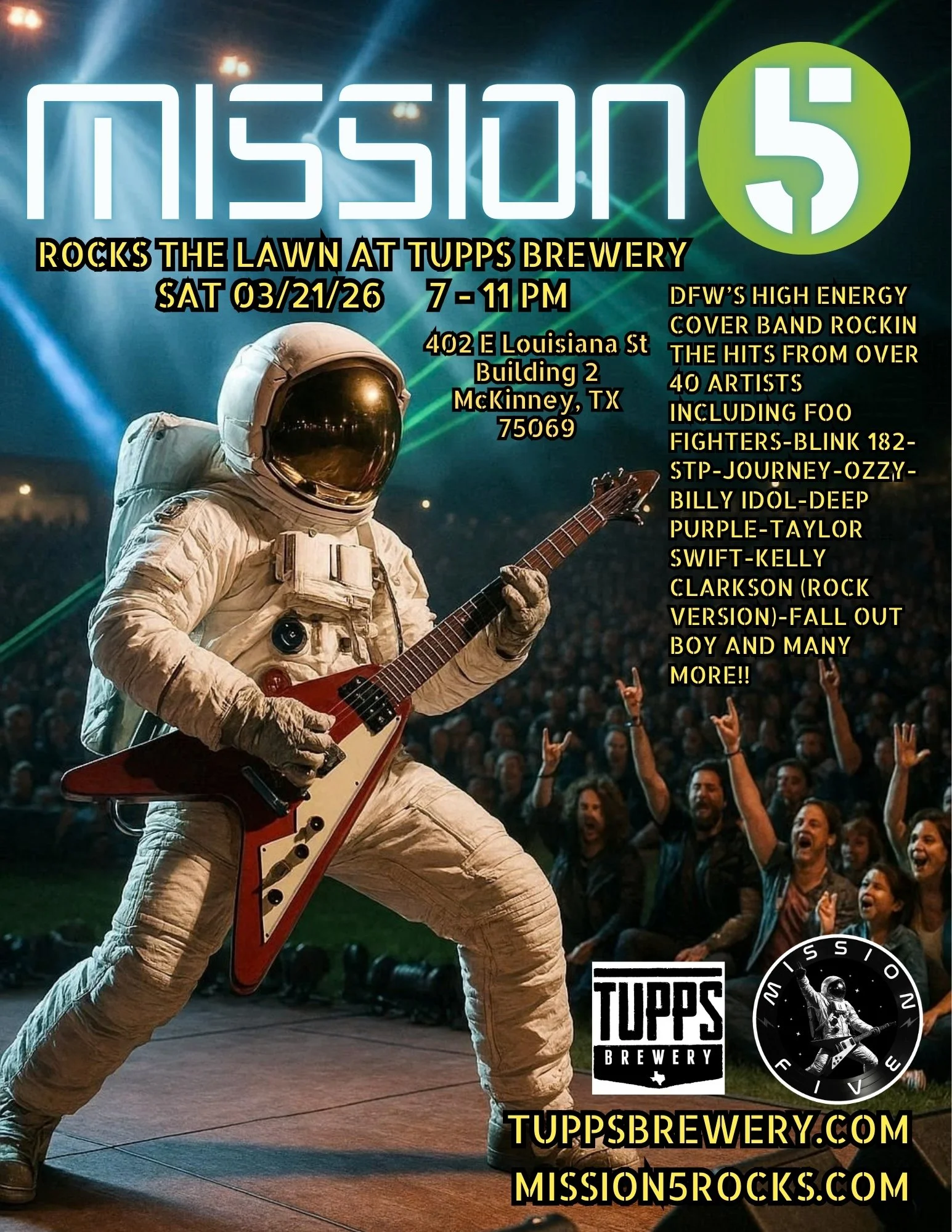 MISSION 5 ROCKS THE LAWN AT TUPPS BREWERY SAT 3/21/26  7 - 10PM BREWERY - MCKINNEY, TX