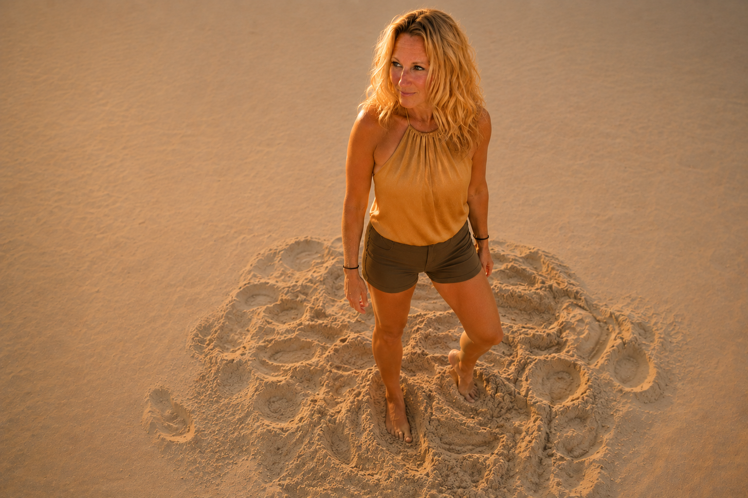 Woman standing in disturbed sand on a volleyball court, representing the urge to fix relationship tension.