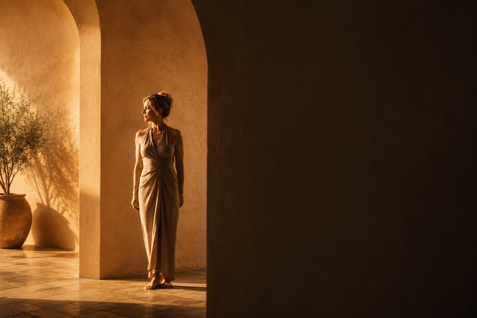 A woman standing in soft golden light with one side of the frame in shadow