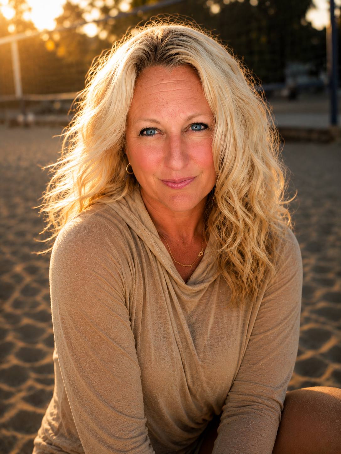 A woman with curly blonde hair and blue eyes sitting on a sandy beach during sunset, wearing a beige long-sleeve top.