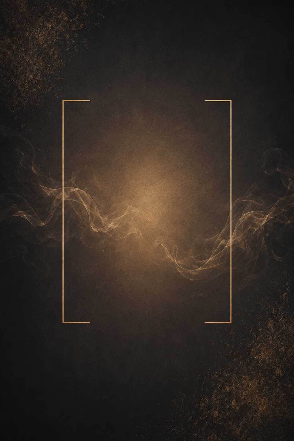 Warm chocolate background with subtle flecks of gold and gold brackets that contain light smoke