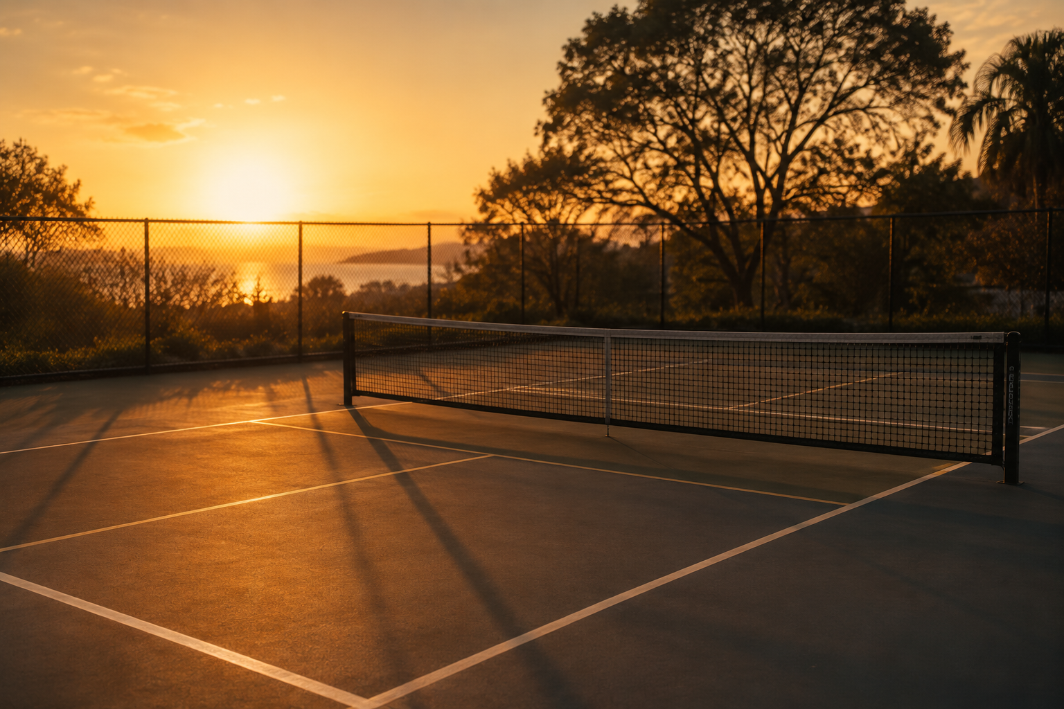 An empty pickleball court at golden hour.