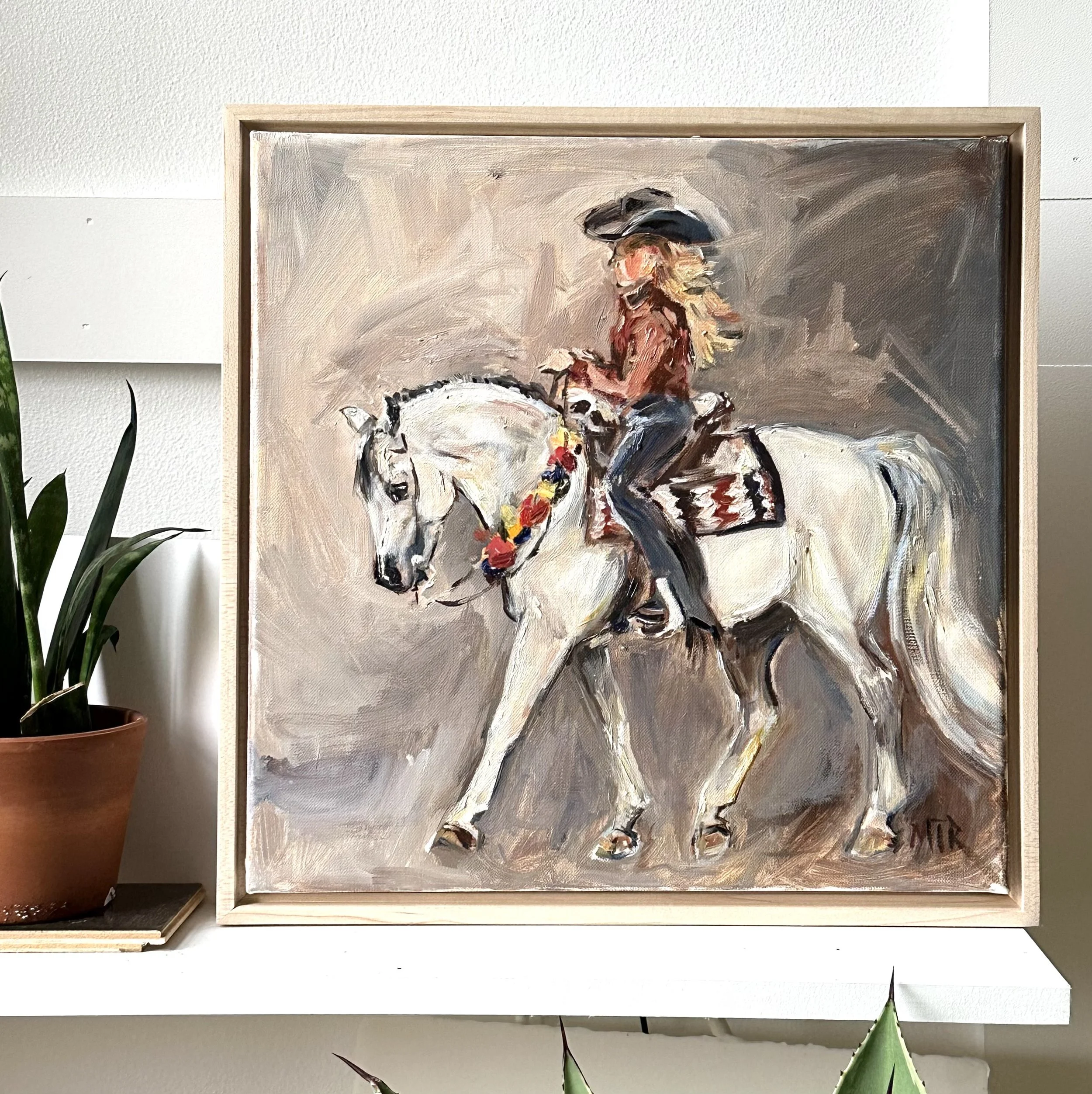 "Rose" white horse with rider painting oil on stretched canvas