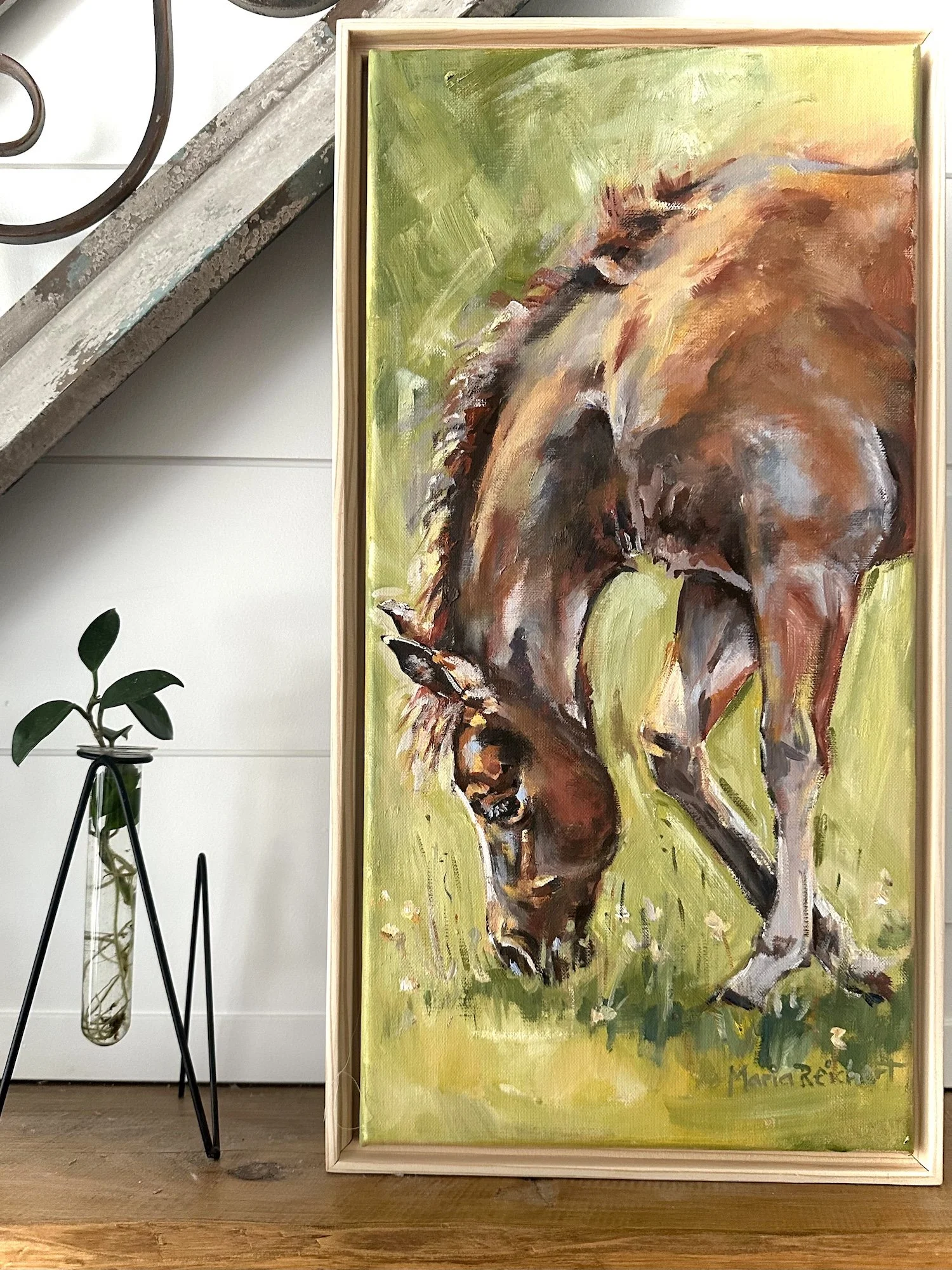 "Strawberry" Red  Roan Foal oil painting on stretched canvas, framed