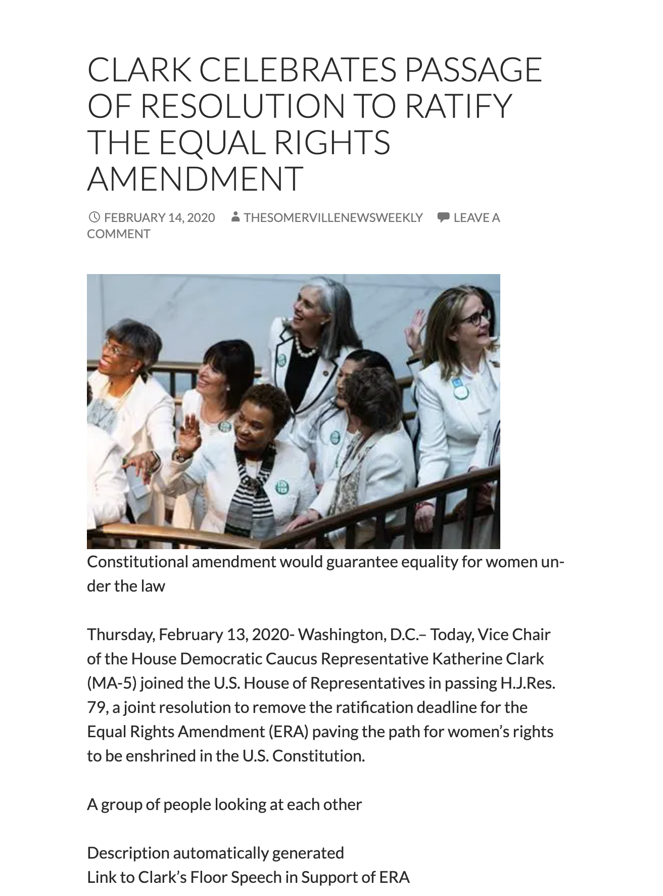 The Somerville News Weekly: Clark Celebrates Passage of Resolution to Ratify the Equal Rights Amendment. By The Somerville News Weekly, February 14, 2020.