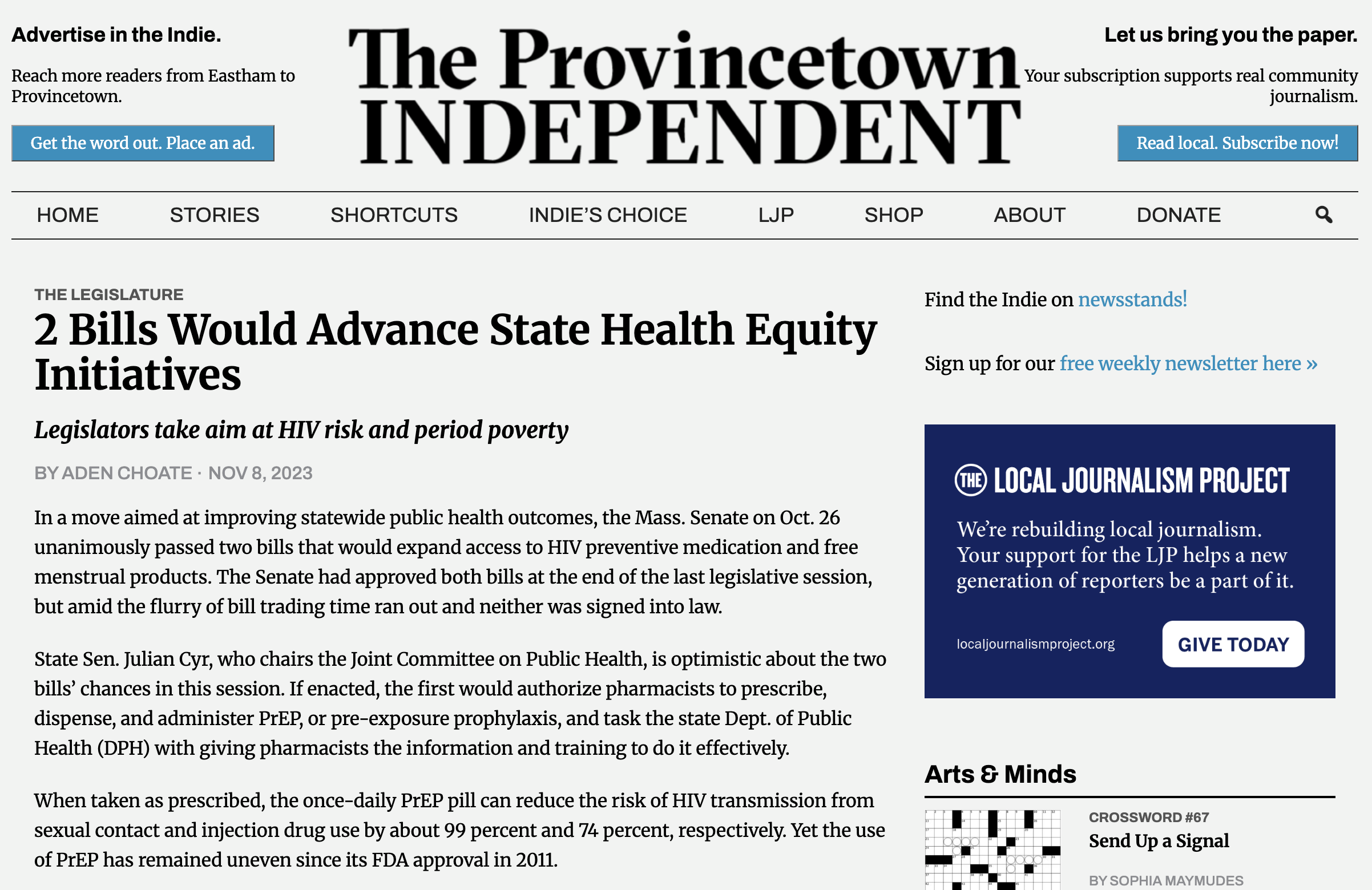 The Provincetown Independent: 2 Bills Would Advance State Health Equity Initiatives. By Aden Choate, November 8, 2023.