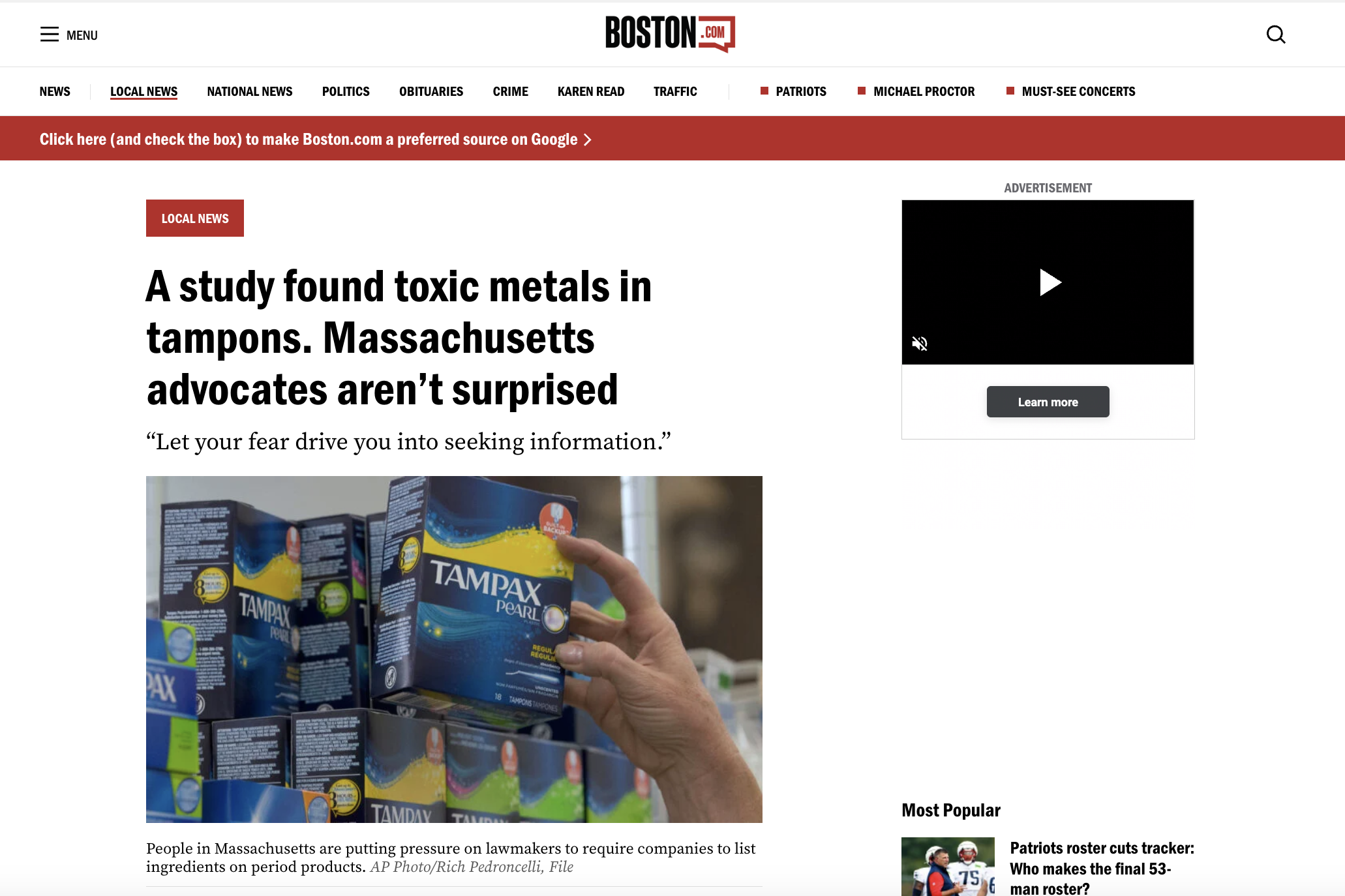 Boston.com: A study found toxic metals in tampons. Massachusetts advocates aren’t surprised. By Lindsay Shachnow, July 25, 2024