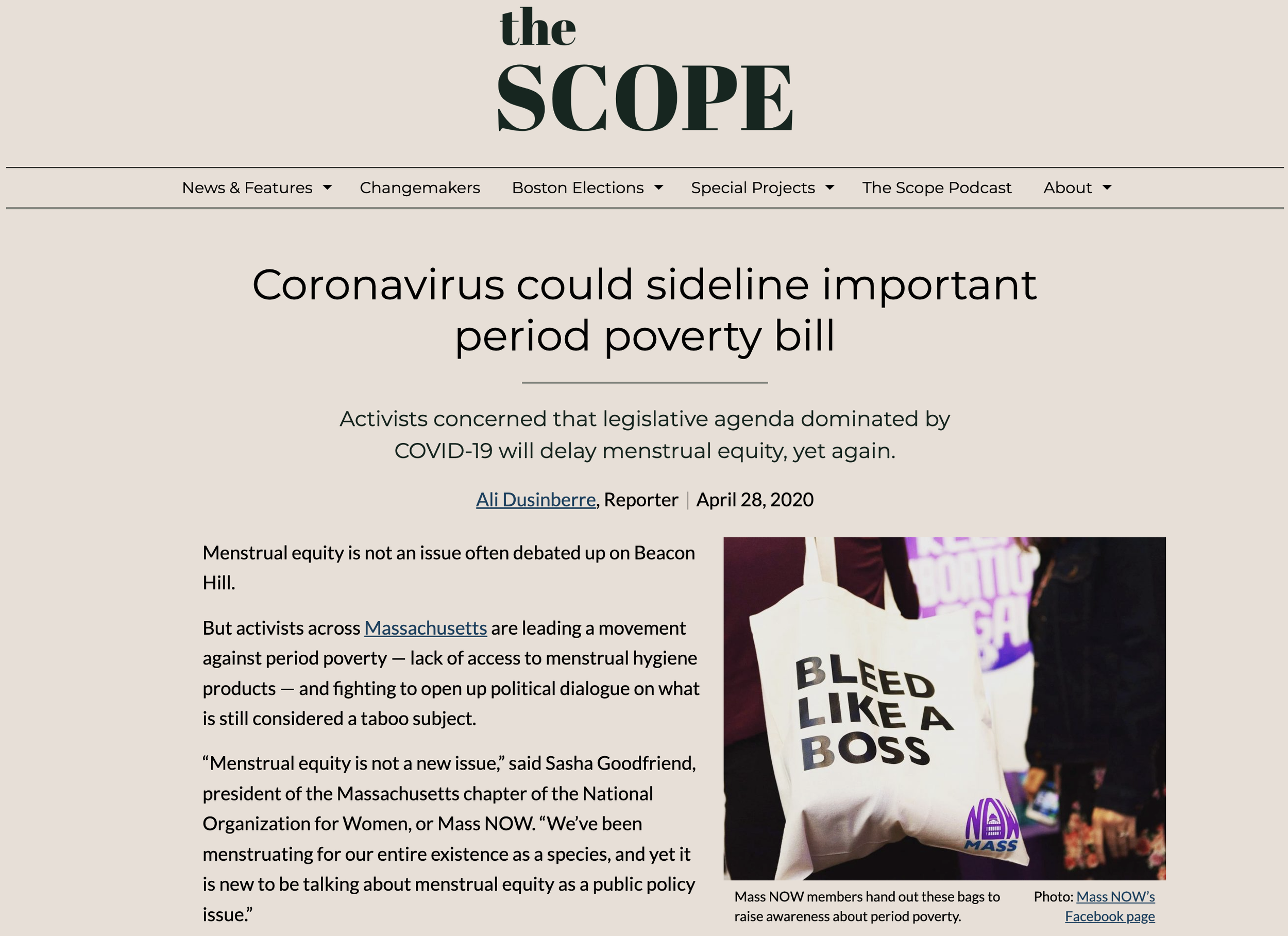 The Scope Boston: Coronavirus could sideline important period poverty bill. By Ali Dusinberre, April 28, 2020.