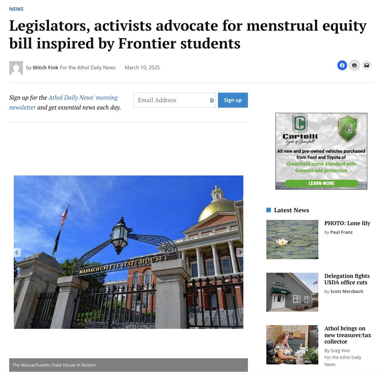 Athol Daily News: Legislators, activists advocate for menstrual equity bill inspired by Frontier students. By Mitch Fink, March 10, 2025