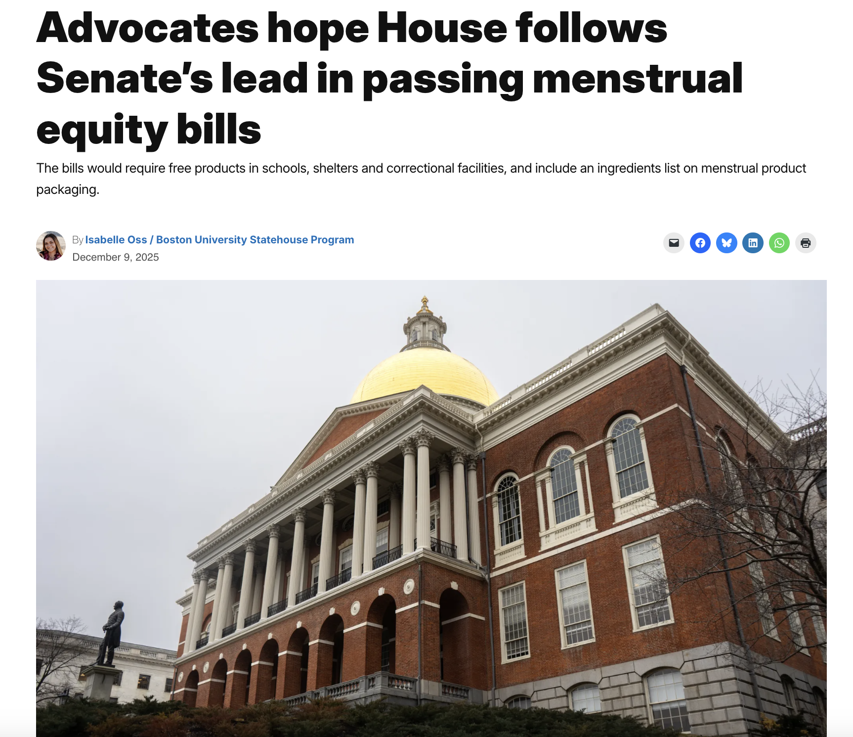 The New Bedford Light: Advocates hope House follows Senate’s lead in passing menstrual equity bills. By Isabelle Oss, 9 December 2025.