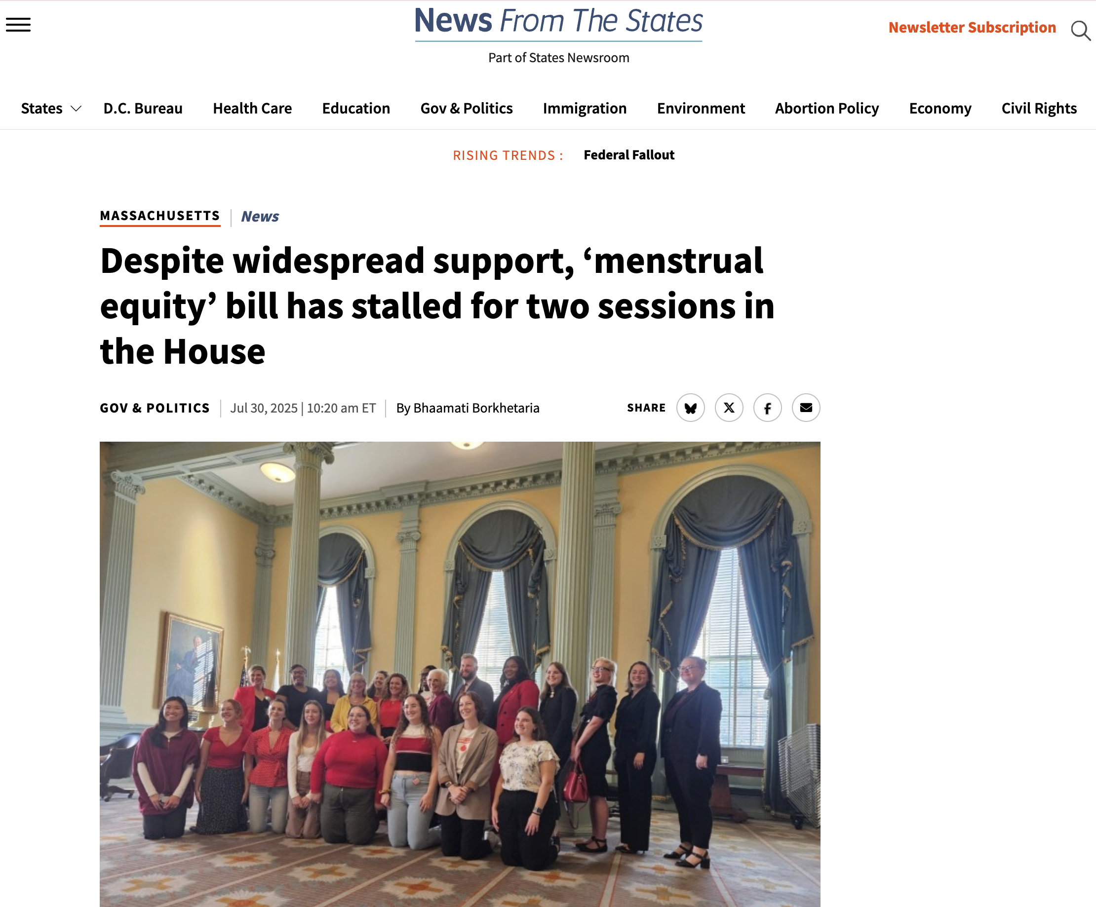 News From The States: Despite widespread support, 'menstrual equity' bill has stalled for two sessions in the House. By Bhaamati Borkhetaria, July 30, 2025.