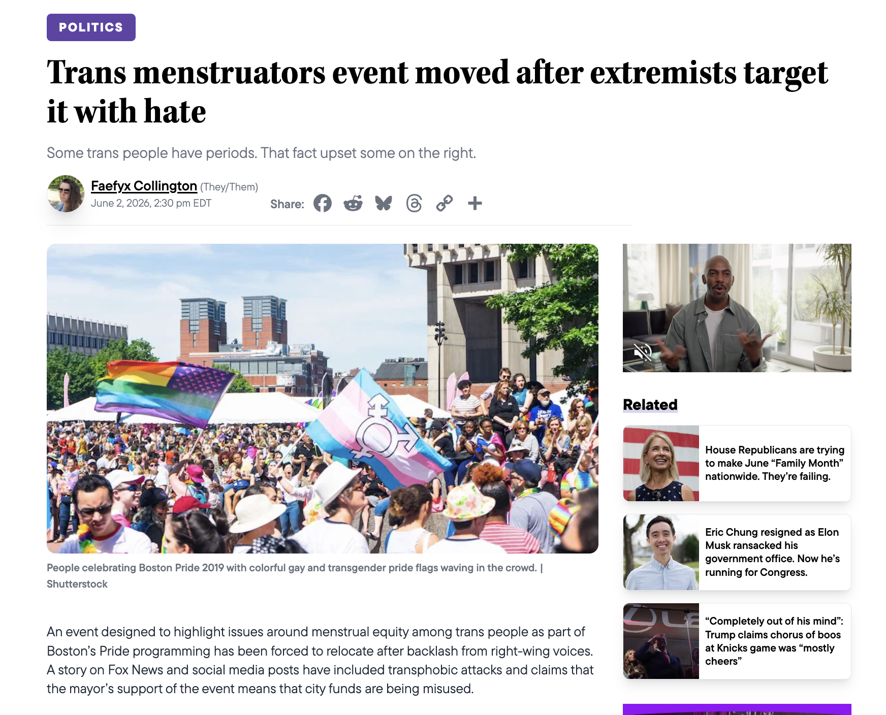 LGBTQ Nation: Trans menstruators event moved after extremists target it with hate. By Faefyx Collington, June 2, 2026