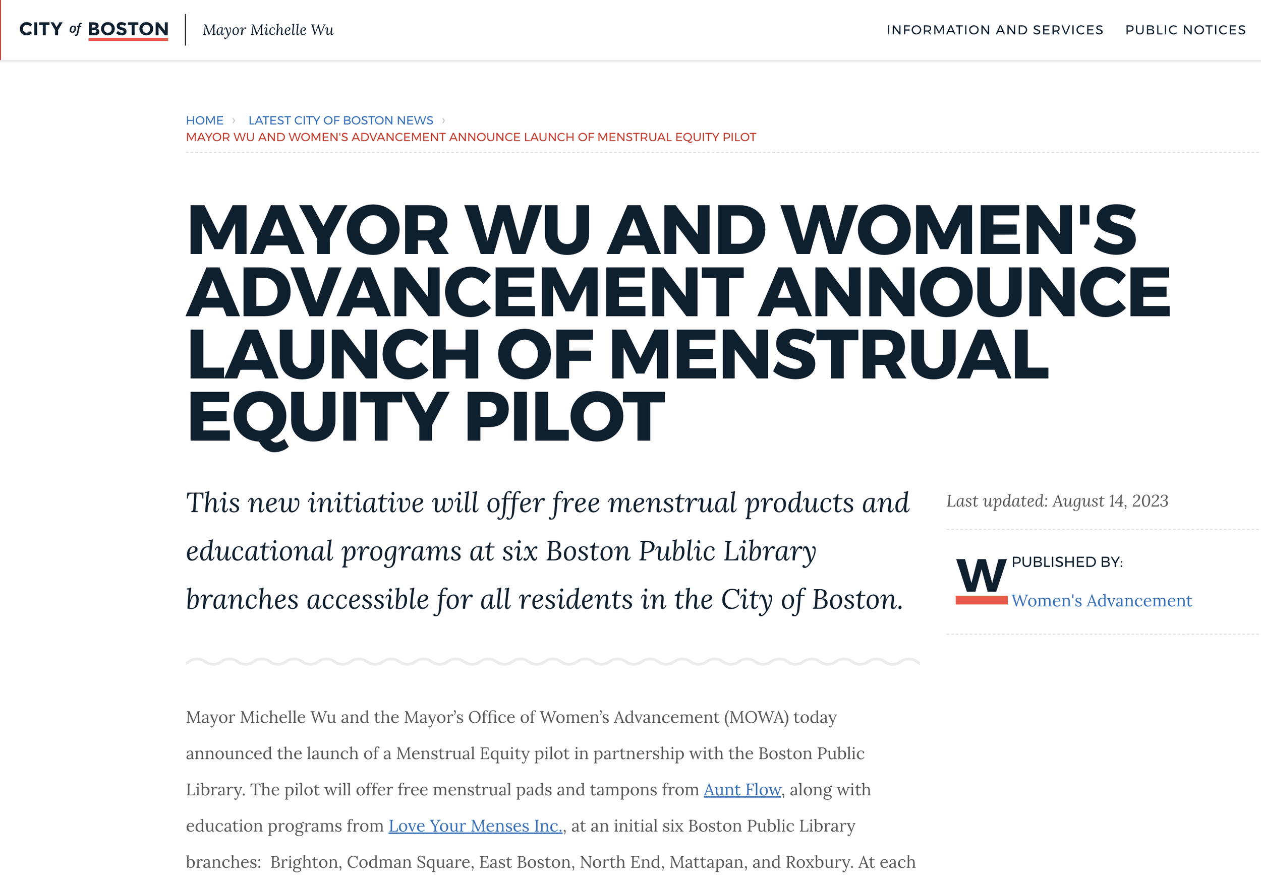 City of Boston News: Mayor Wu and Women's Advancement Announce Launch of Menstrual Equity Pilot. By Women's Advancement, August 14, 2023.