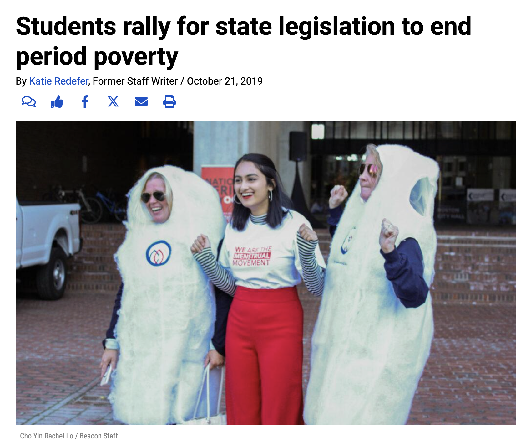 The Berkeley Beacon: Students rally for state legislation to end period poverty. By Katie Redefer, October 21, 2019.