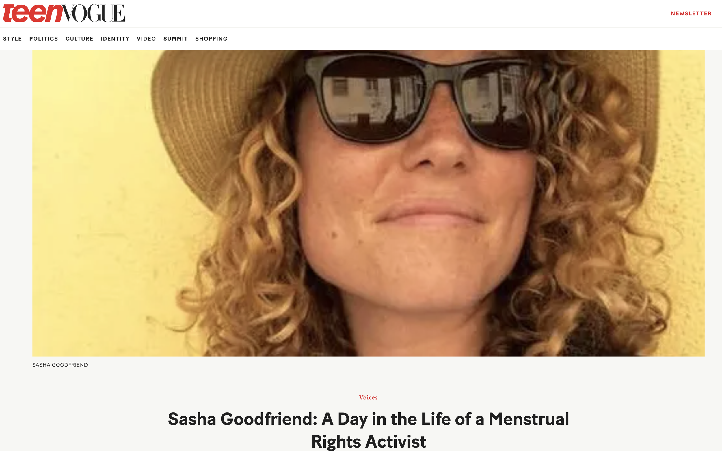 Teen Vogue: Sasha Goodfriend: A Day in the Life of a Menstrual Rights Activist. By Brittney McNamara, November 21, 2019.