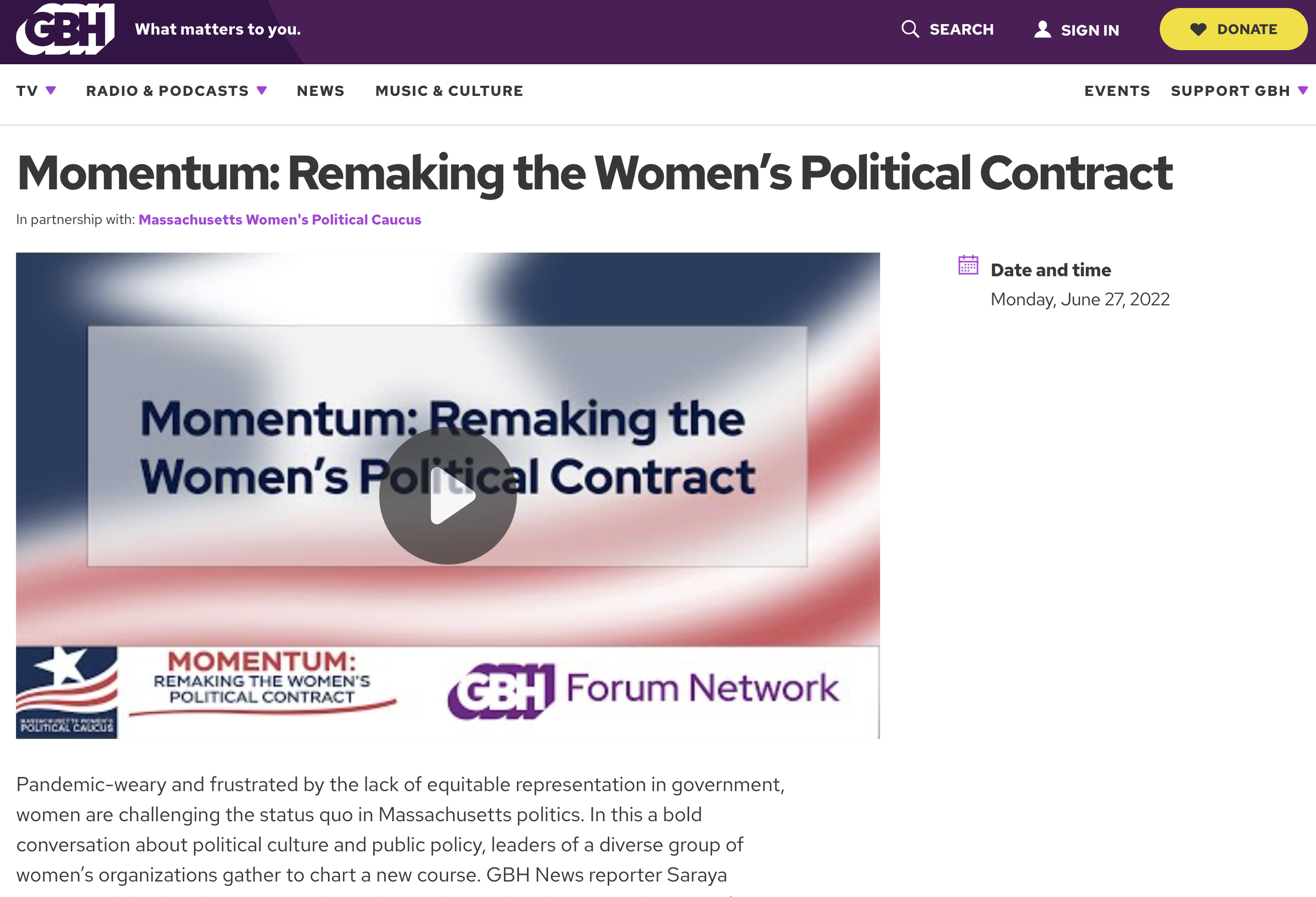 WGBH: Momentum: Remaking the Women's Political Contract. By GBH Forum Network, June 27, 2022.