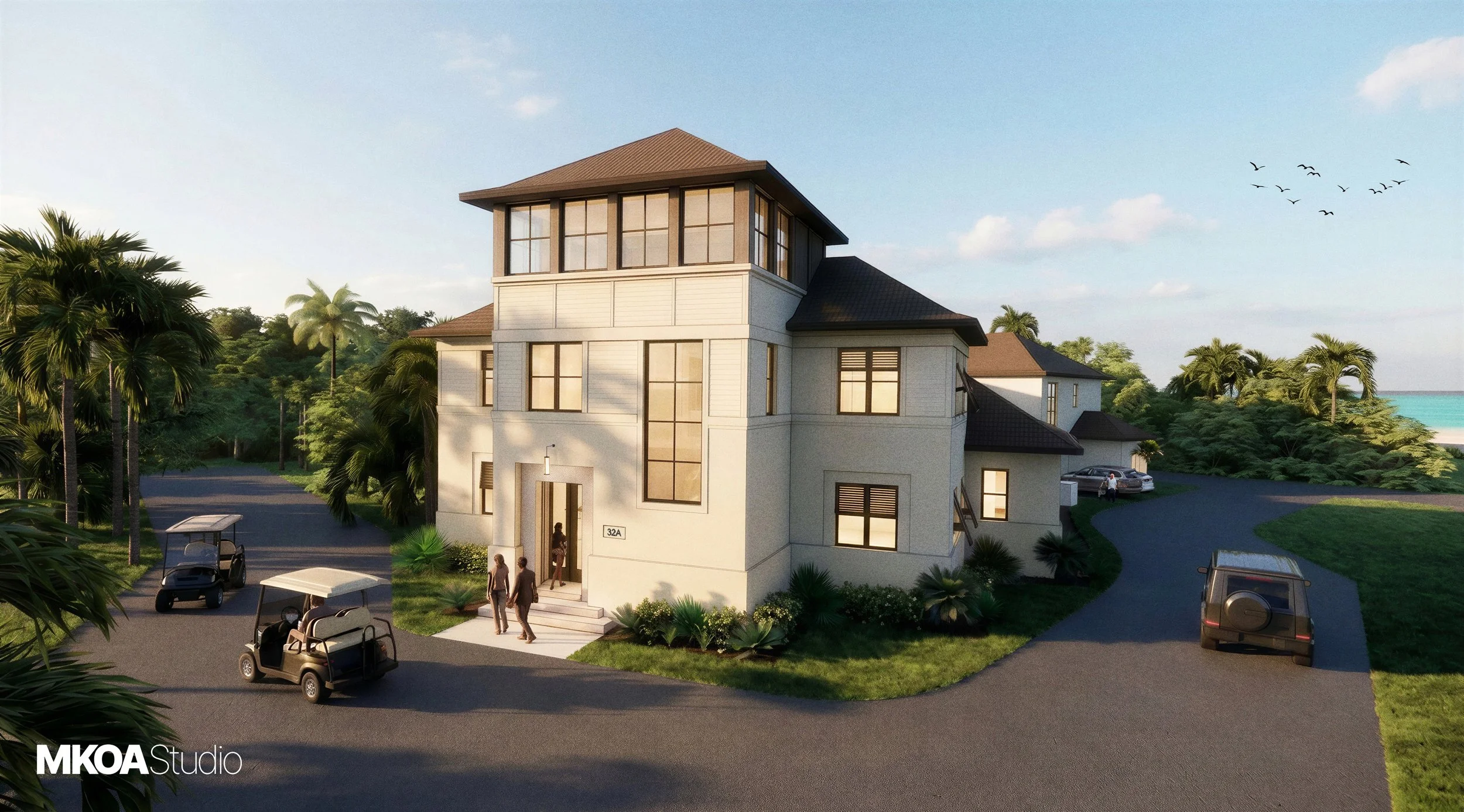 A modern multi-story house with large windows, surrounded by lush greenery and palm trees, with a driveway and golf carts parked outside, in a tropical coastal setting.
