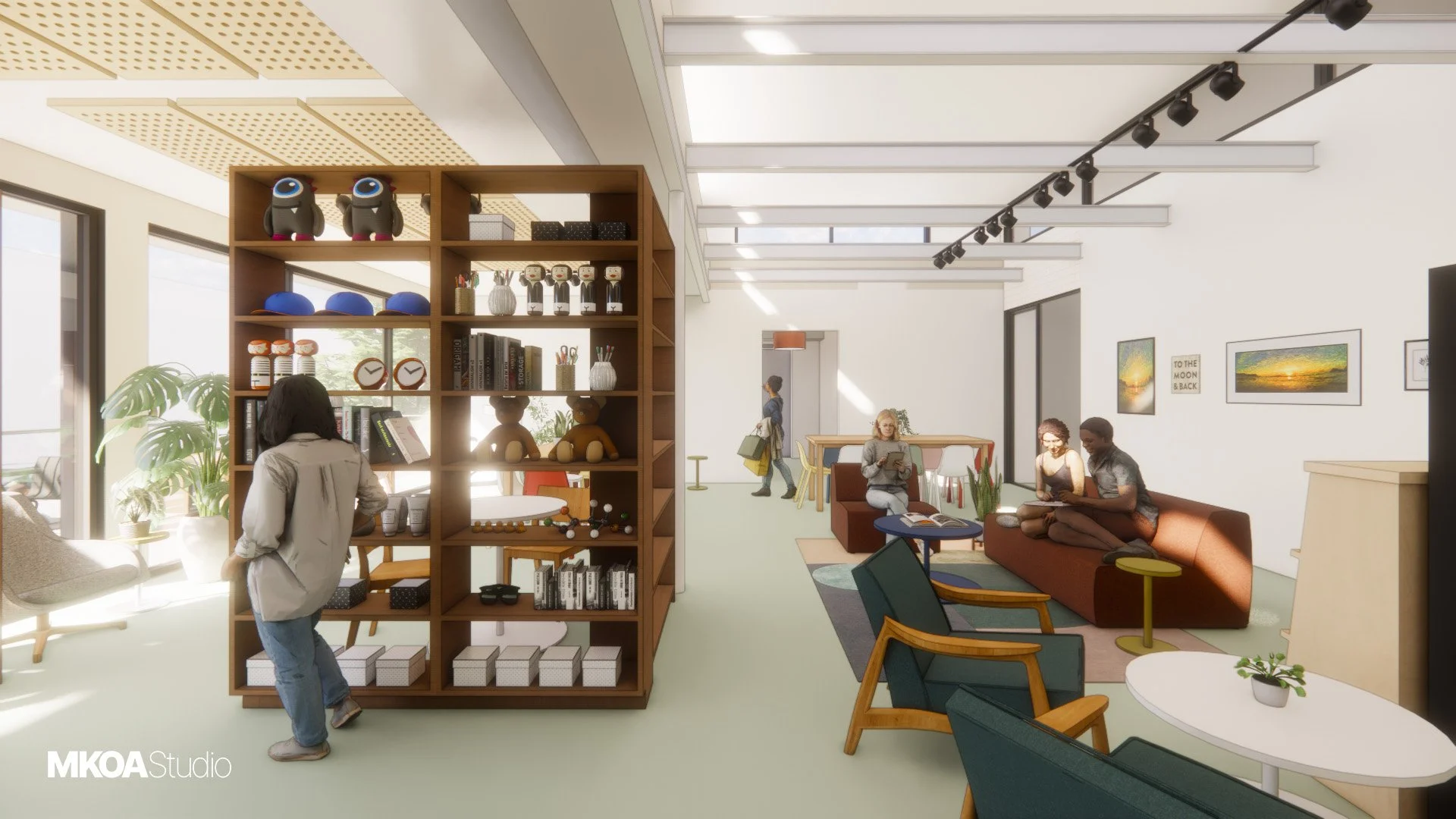 Modern, well-lit lounge or community space with people sitting on couches and chairs, shelves with decorative items, and framed artwork on the walls.