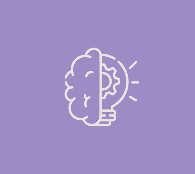 Illustration of a brain combined with a light bulb, symbolizing creativity and ideas, on a purple background.