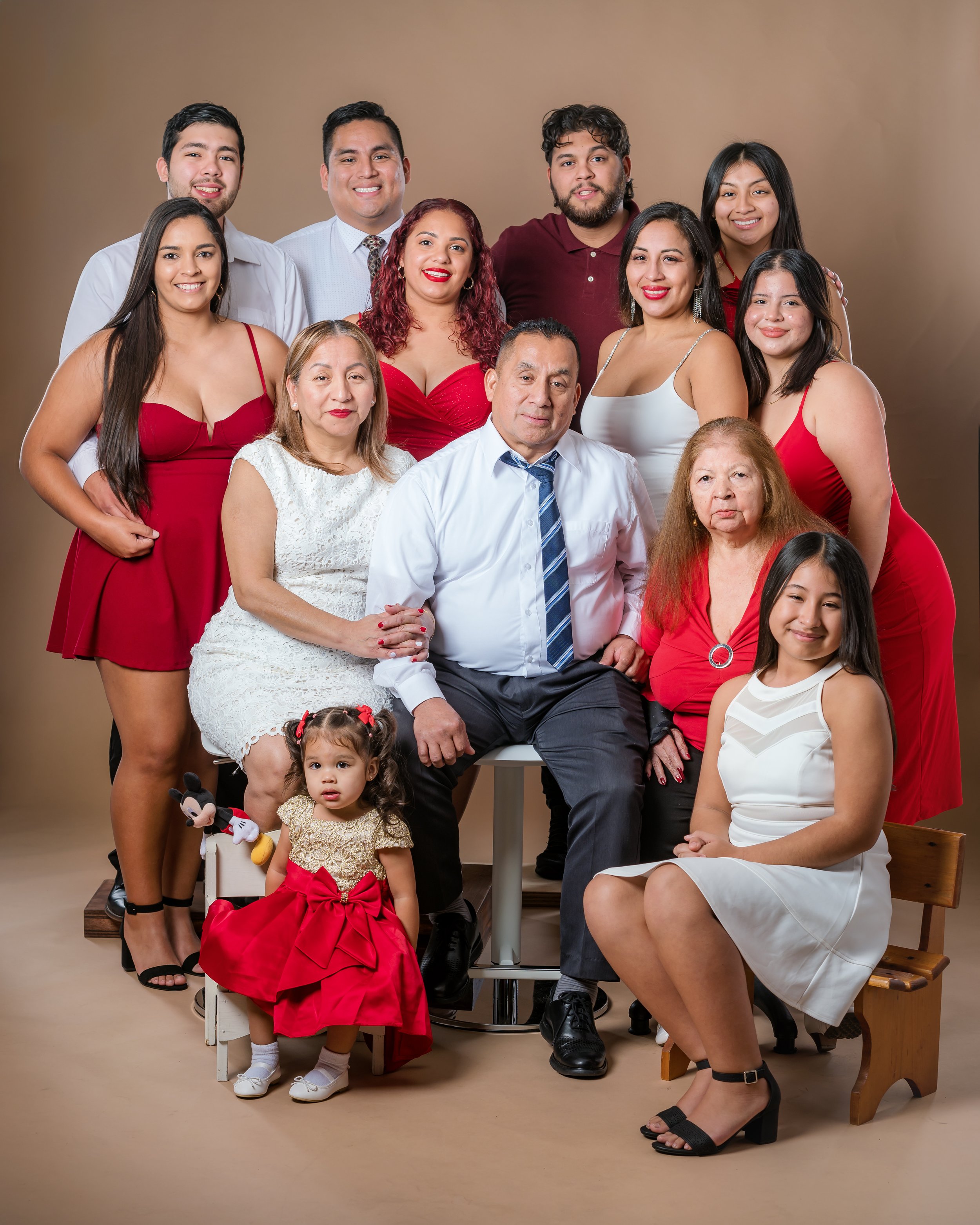 generational family studio photos in red