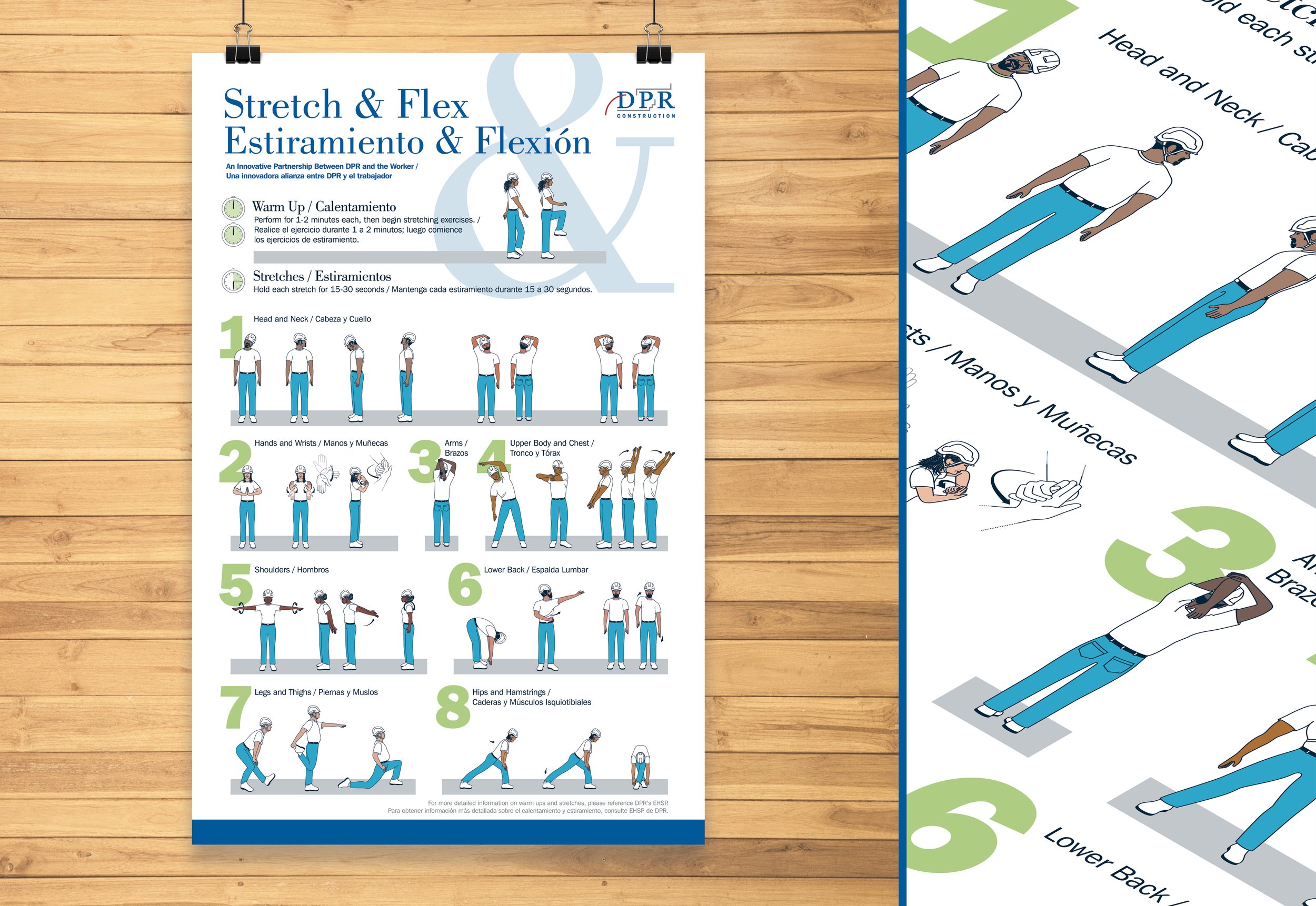 Stretch and Flex instructional poster in English and Spanish