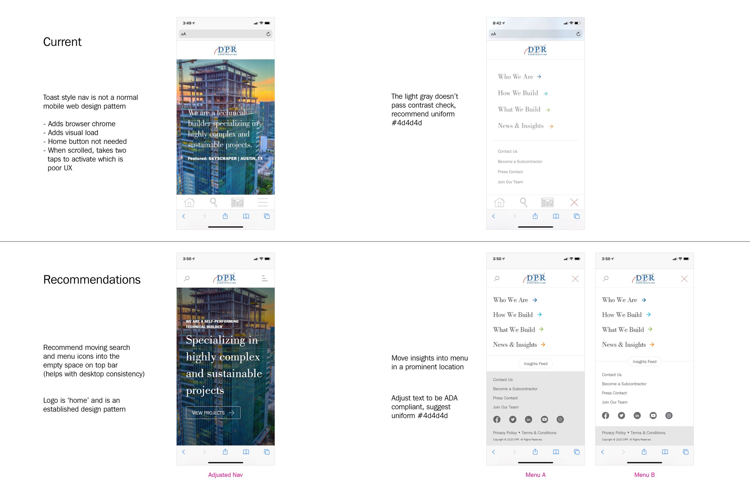 Design analysis and recommendations to improve the mobile UX of the existing site.