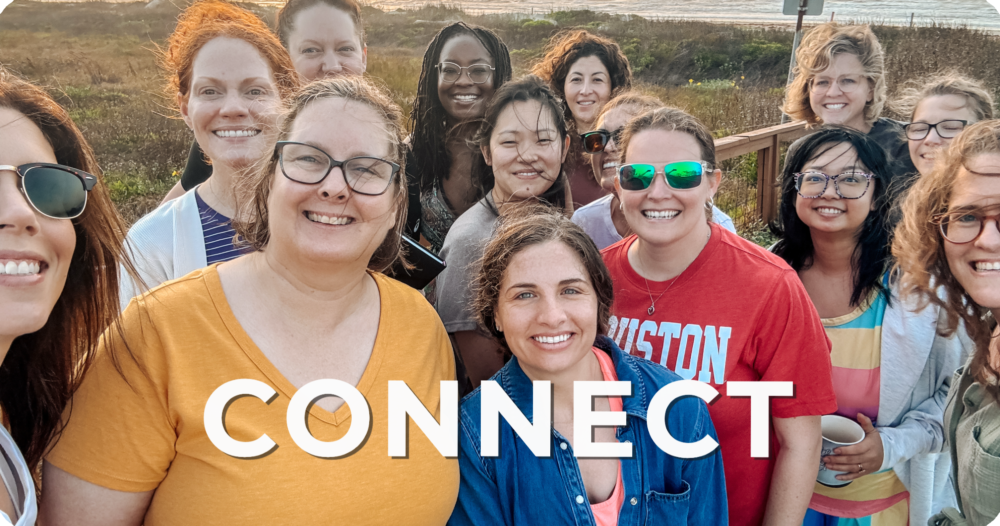 Group of smiling women outdoors, some wearing sunglasses, with the word 'CONNECT' overlaid.