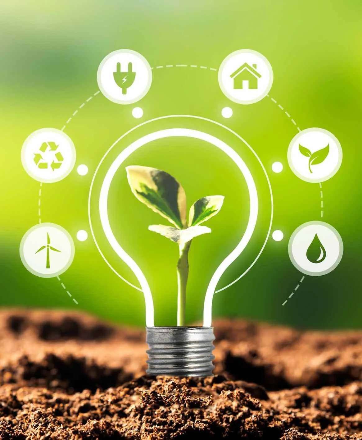 A small plant growing inside a lightbulb outline, with icons around it representing renewable energy, recycling, energy efficiency, home, greenery, water, and wind power, all on a blurred green background.