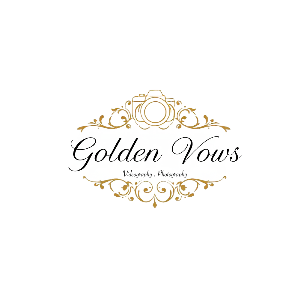 Logo for Golden Vows Videography and Photography featuring a vintage camera illustration with gold floral accents, elegant black cursive text, and a white background.