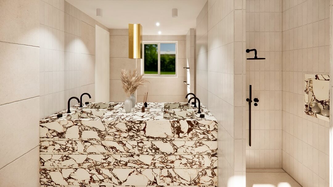 Introducing West Haus / 

Where bold stone acts as the hero of these beautiful bathrooms. 

Travertine Onyx or Calacatta Viola? 

Help us decide!