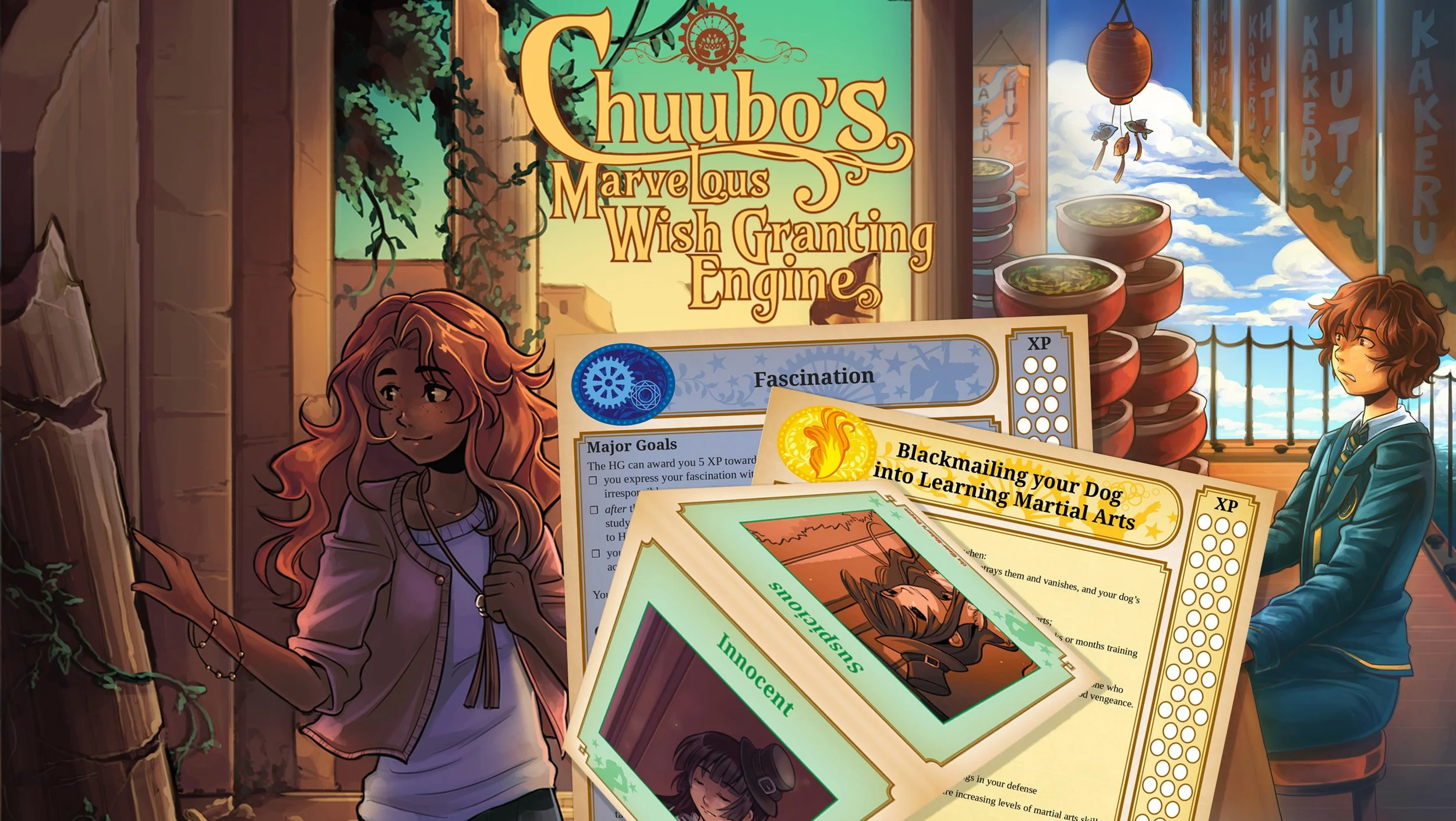 Promotional image for the Chuubo's Marvelous Wish-Granting Engine RPG, featuring several characters and cards from the game, including a quest card labelled "How to Blackmail Your Dog Into Learning Martial Arts"
