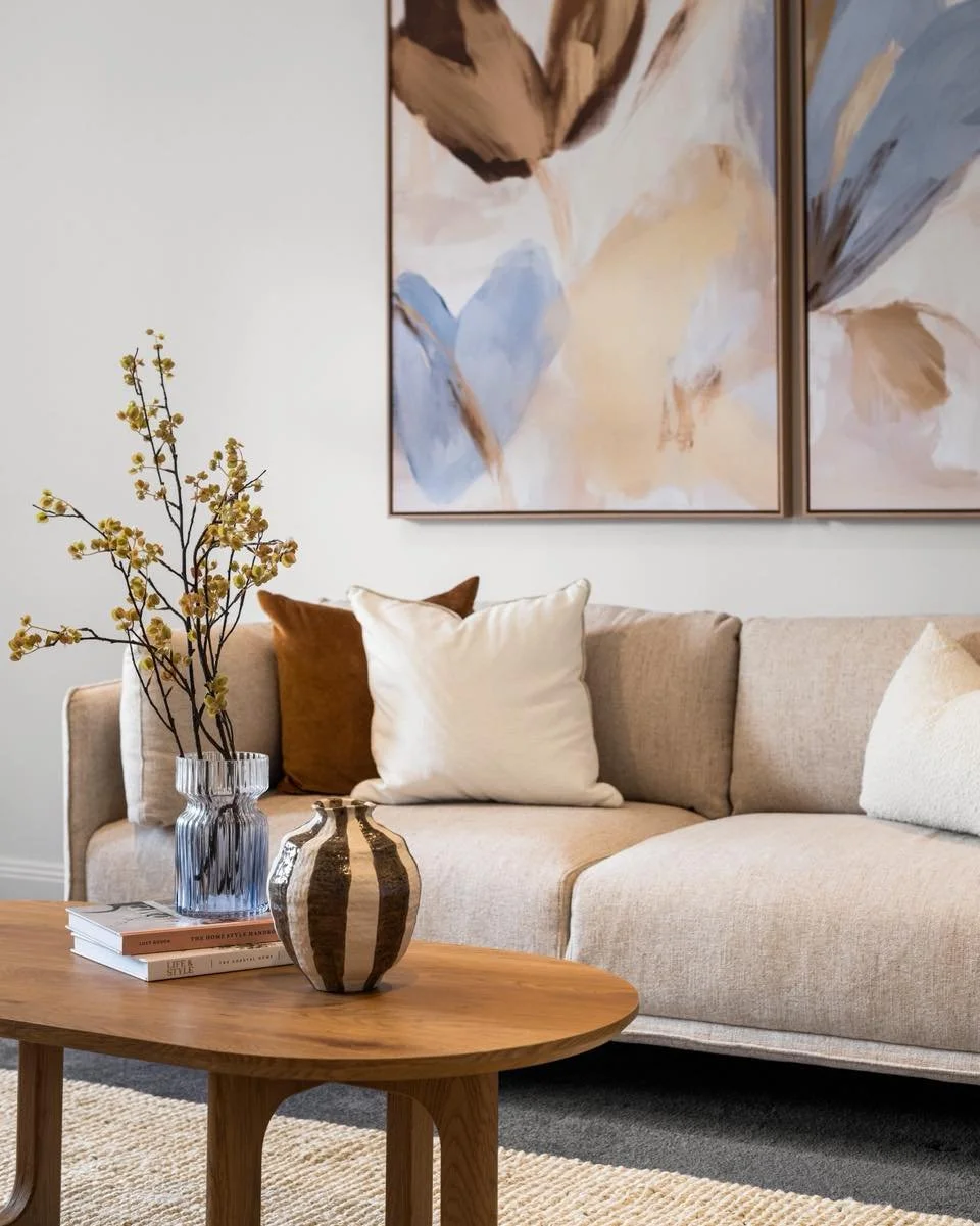 Loving the chocolate and powder blue tones of this living room from our recent install in Geelong West. 
Styled specifically to work in beautifully with the existing interior design choices in the property 💙🤎
abodeproductions 🫶🏼 thank you x